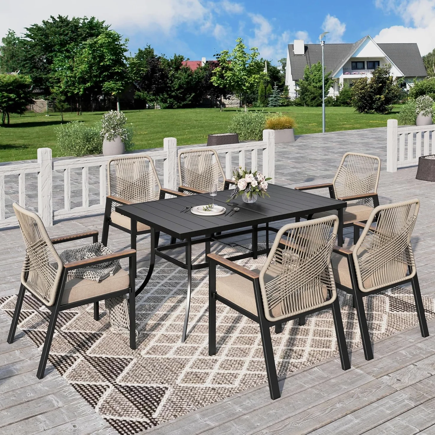 PHI VILLA Table Chaise de Jardin Exterieur, Table a Manger avec 6 Chaises Rotin avec Trou de Parasol Fer Forgé Terrasse Balcon