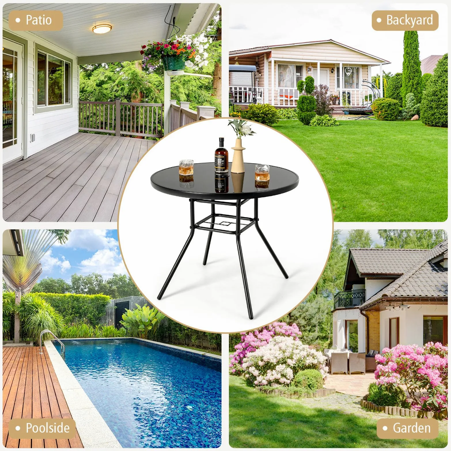 GIANTEX Table Bistrot 86 cm, Table à Manger de Jardin avec Trou pour Parasol de 3,5 cm, Plateau en Verre Sérigraphié, Cadre en Métal, Table d'Appoint Ronde, pour Jardin, Terrasse, Noir