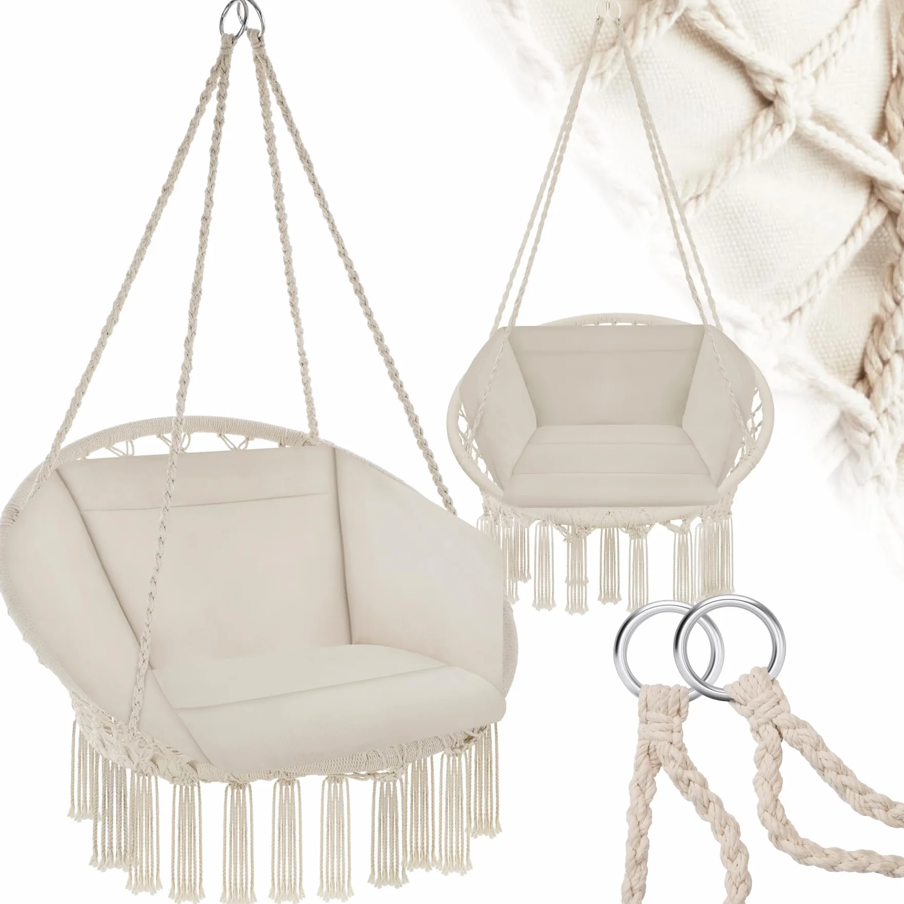 Tectake Fauteuil Suspendu Relax Design Intérieur Extérieur 1 Place Coussin XXL Moelleux Inclus Beige