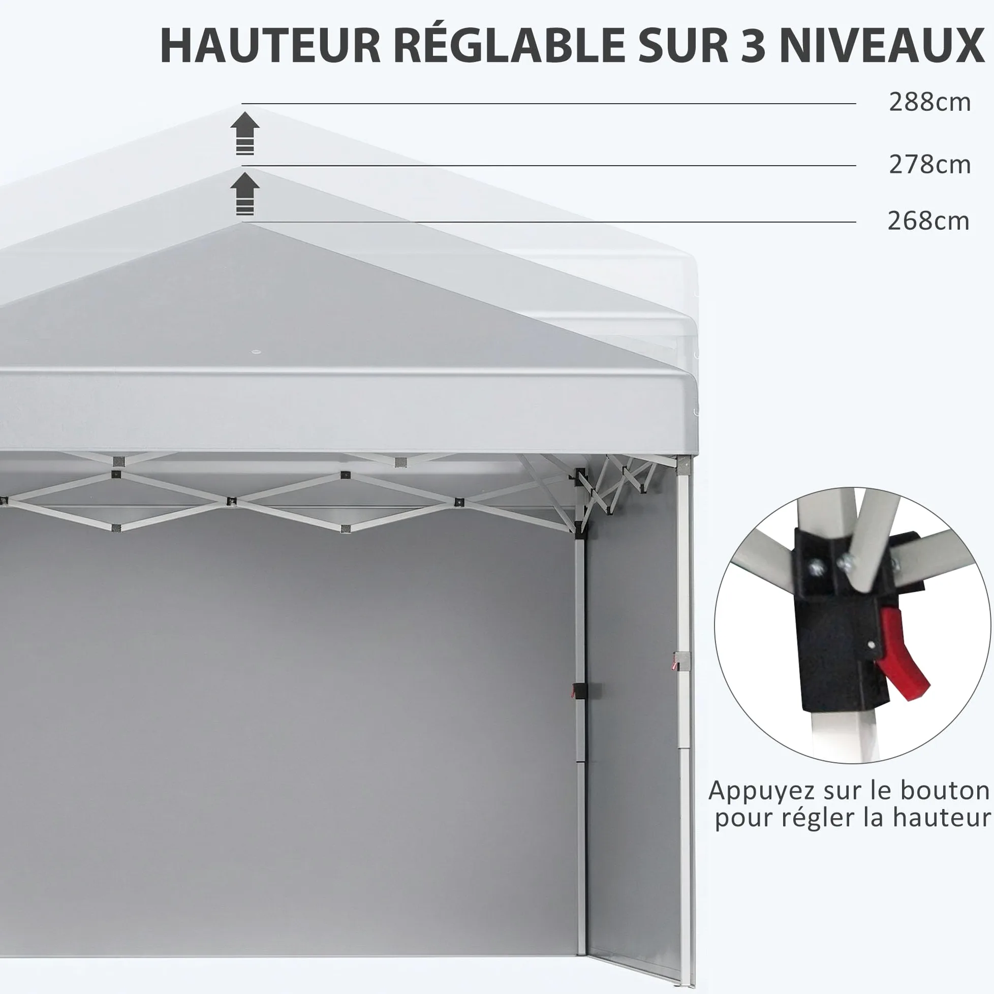 Outsunny Tonnelle de Jardin Pop-up Pliant Barnum réglable en Hauteur Protection UV 30+ 2 parois latérales - Sac de Transport Inclus - pour fête, événement Plein air - 297 x 297 x 288 cm Gris Clair