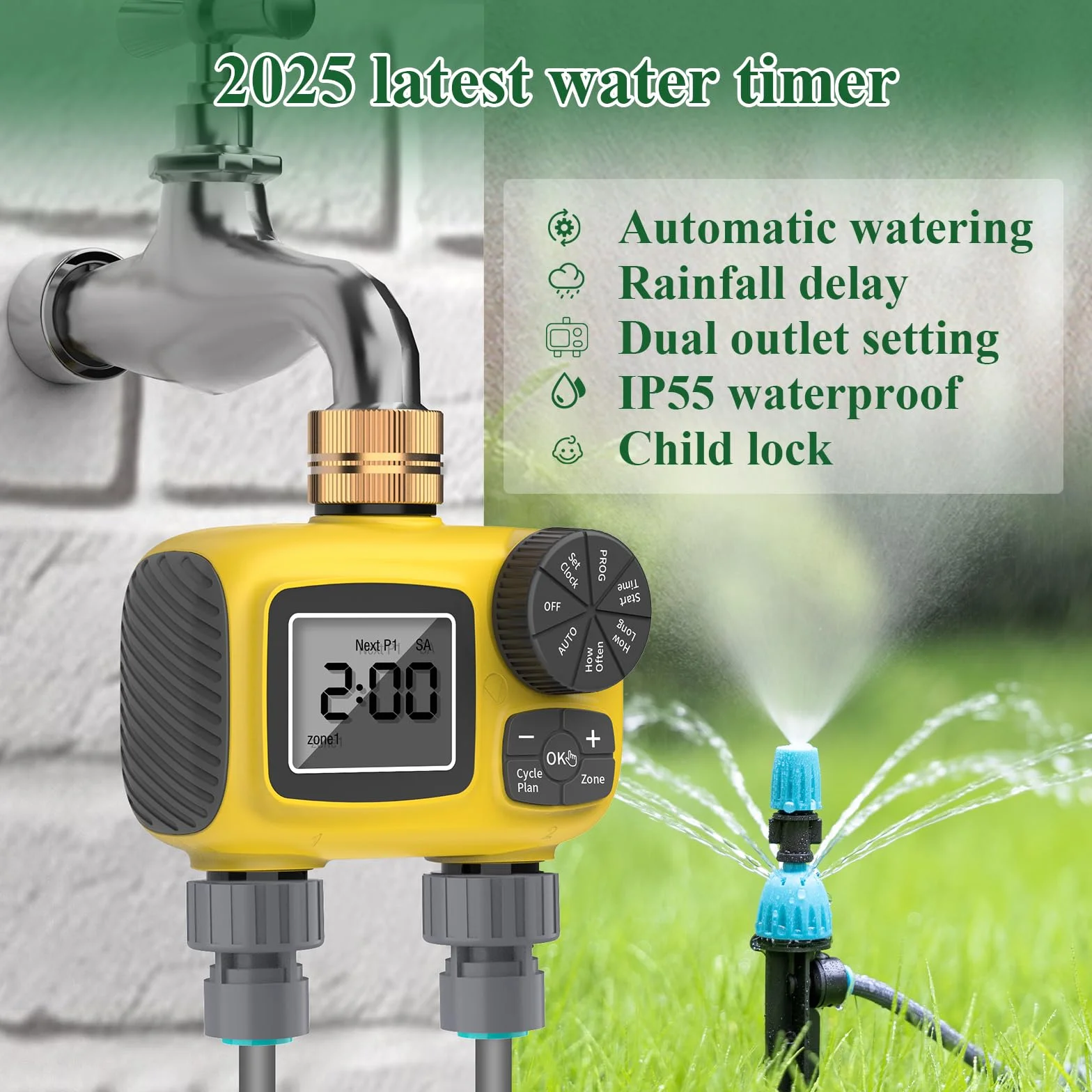 Automatique Programmateur avec Port Double et Goutte à Goutte Accessoires, 2026 Dernières Écran LCD Système D'arrosage Automatique avec 4 Types D'embouts Goutters pour Jardin/Pelouse/Terrasse