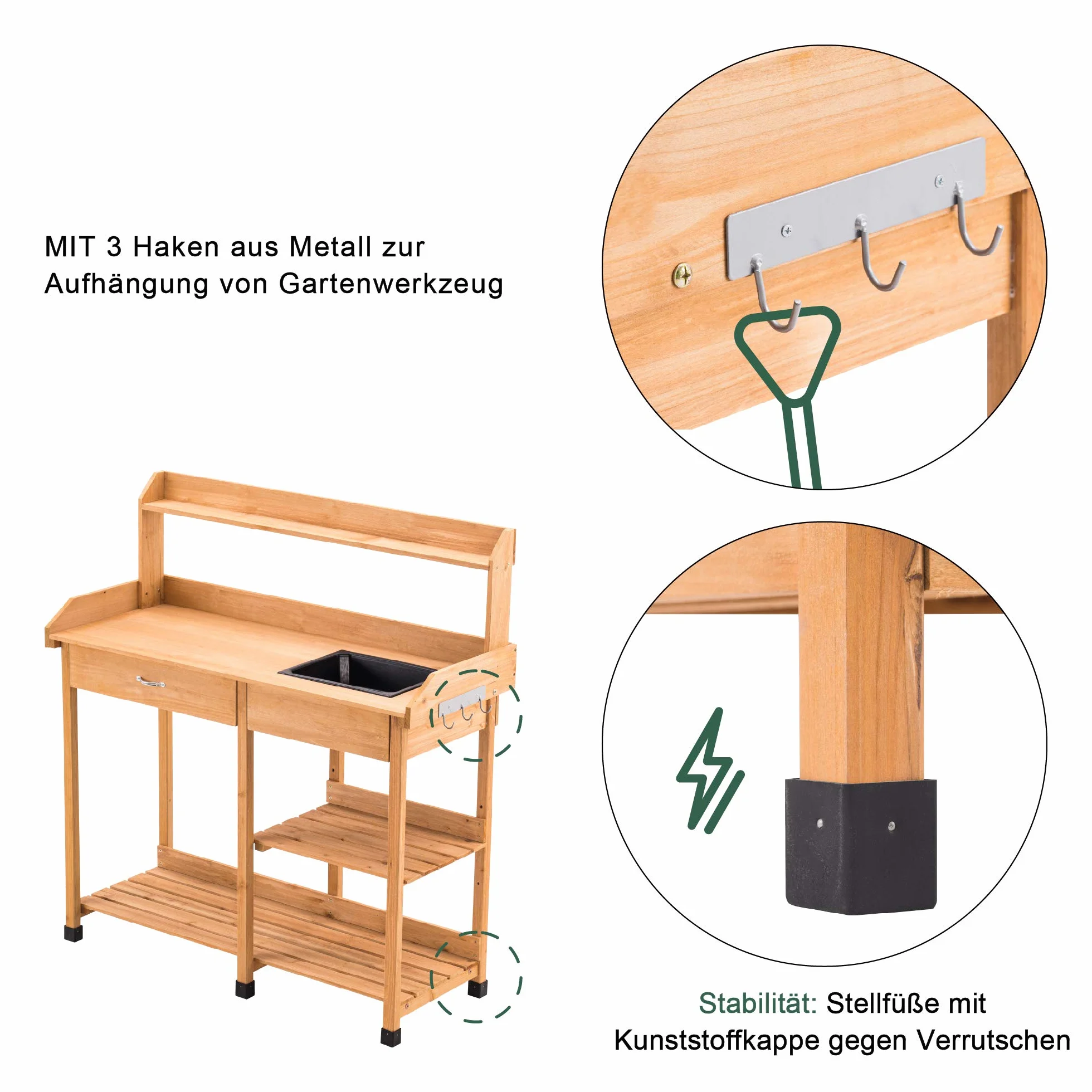 MCombo 0458 Table de Jardinage avec lavabo tiroir étagère Bois résistant intempéries 115x45x121 cm Naturel