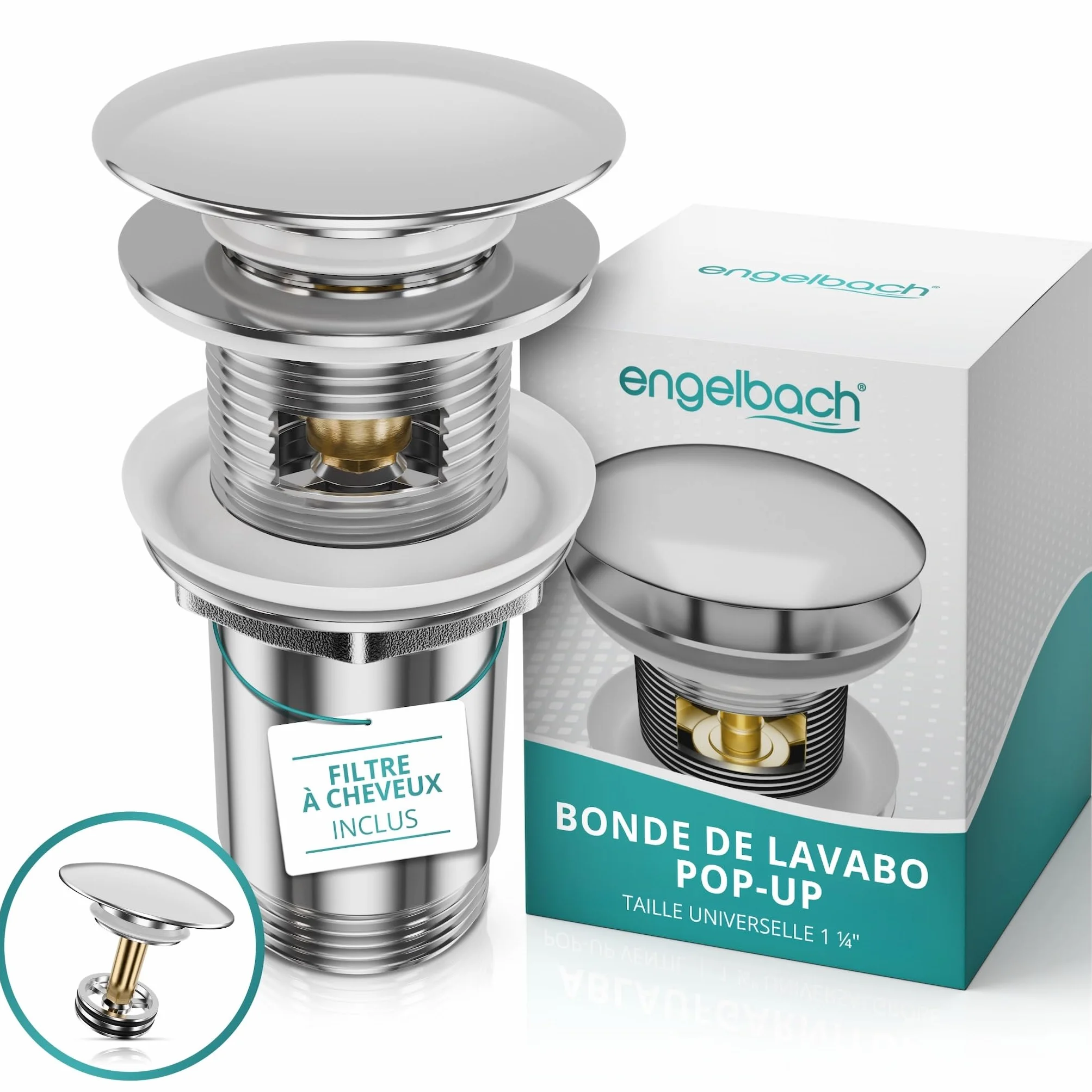 Engelbach Bonde de lavabo avec trop-plein Bouchon clic-clac 3 Joints Inclus Modèle Universel