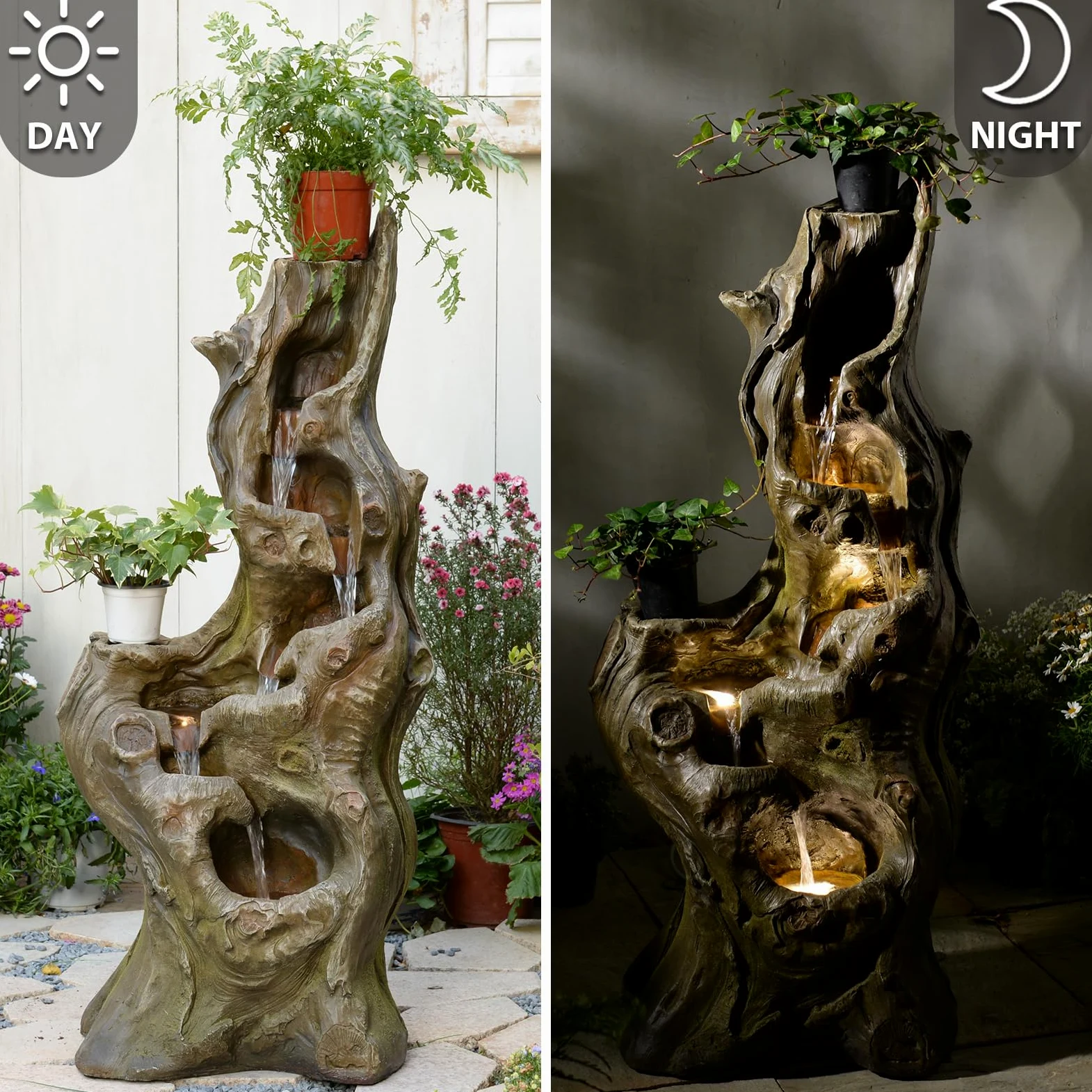 Bumilgar Caractéristiques d'eau de jardin 5 niveaux Grande cascade réaliste Tronc d'arbre naturel Fontaine extérieure en résine Imitation bois avec lumières LED pour jardin, patio, terrasse 101 CM