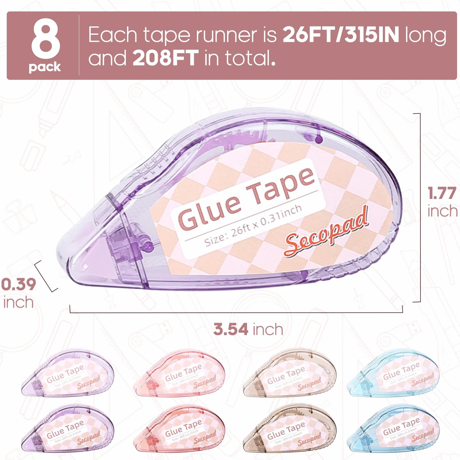 Secopad Colle Roller Double Face 8mm x 8m Ruban Adhésif Transparent Scrapbooking 8 Pièces