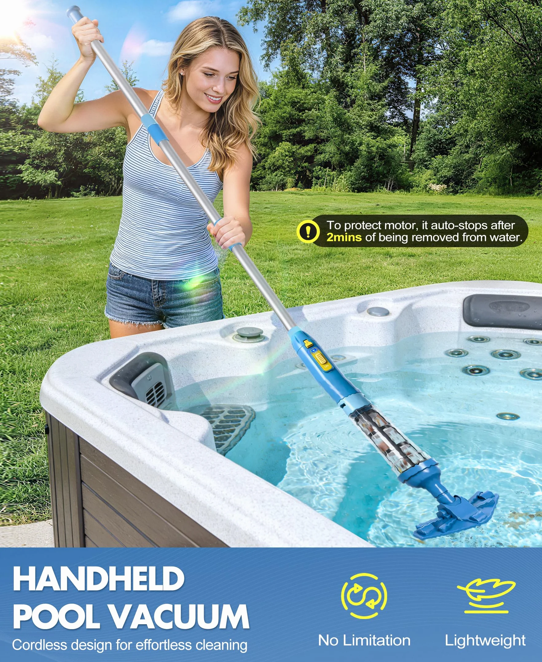 LanBlu Aspirateur Piscine sans Fil avec Perche Rétractable, 60L/Min Aspirateur Spa Manuel Durée de Fonctionnement Jusqu'à 90 Minutes, 5200mAh Portable Rechargeable Balai Aspirateurs Piscine Hors Sol