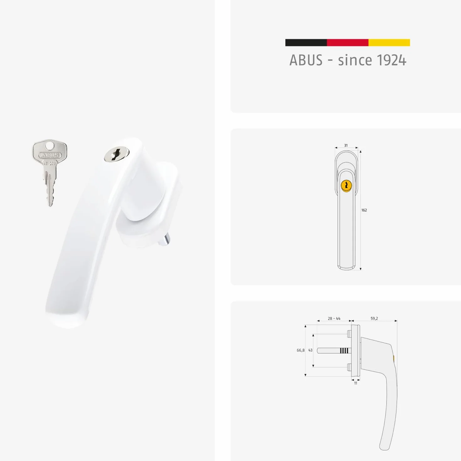 Abus Poignée de Fenêtre Verrouillable FG200 AB208 - Bouton avec Cylindre de Pression, Verrouillage Identique - Niveau de Sécurité 3 - Blanc
