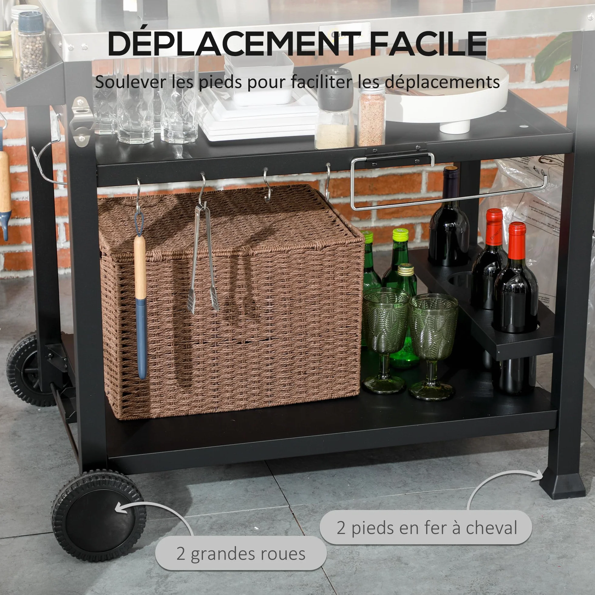 Outsunny Chariot Desserte Barbecue Plancha INOX 3 Étages 6 Crochets Tablette Rabattable 2 Roulettes