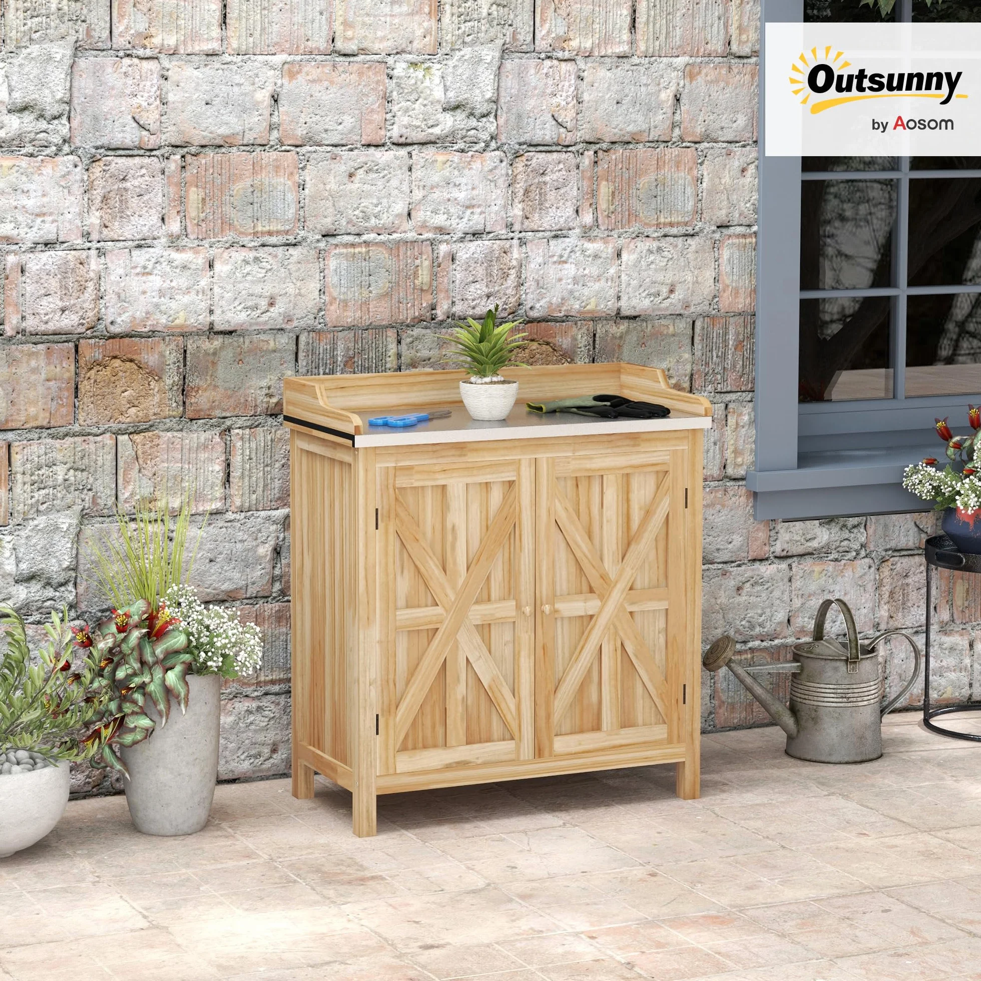 Outsunny Table de rempotage Plateau galvanisé Armoire Rangement Jardin Bois Sapin 2 étagères Patins antidérapants