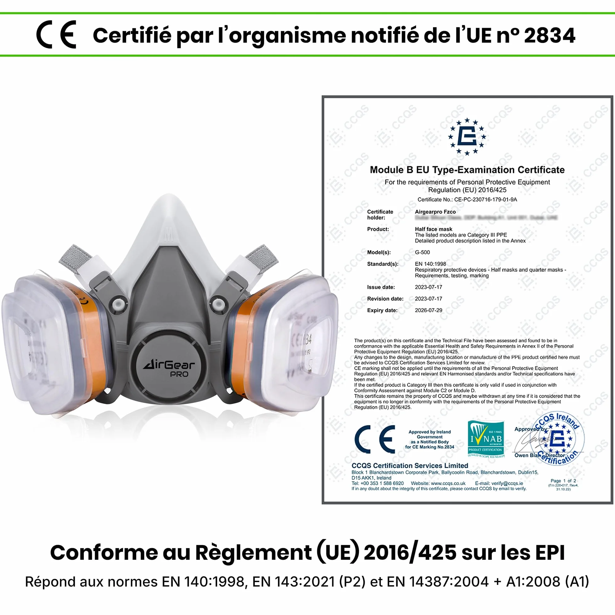AirGearPro G-500 Masque de Protection Respiratoire Réutilisable Anti poussière Gaz avec Filtres et Lunettes de Protection