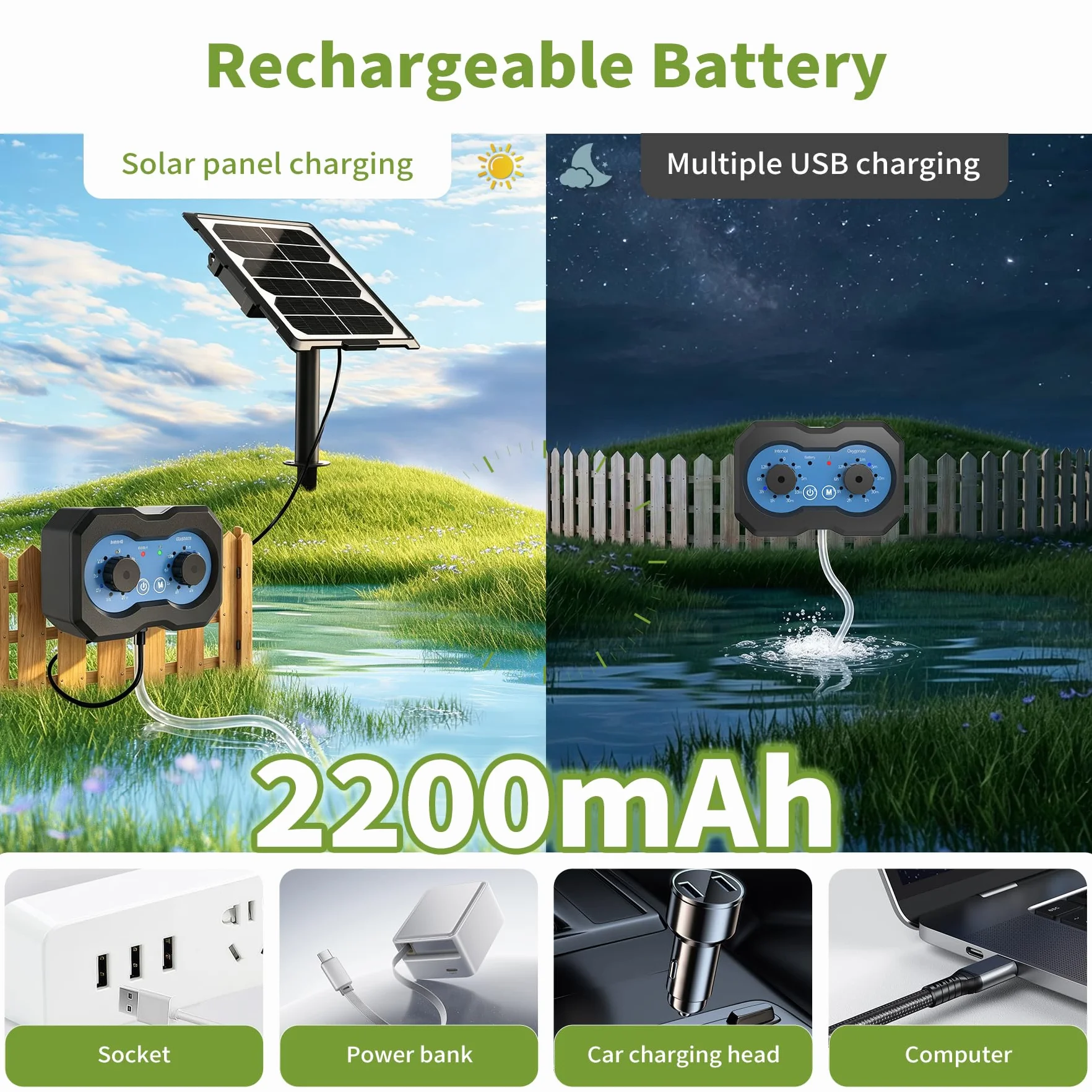 Forever Speed Aérateur de Bassin Solaire avec Batterie 2200mAh, 146 Modes Réglables Pompe à oxygène Solaire pour Petit Etang, Aquarium, Bulleur Bassin Exterieur Solaire Double Charge USB | Aérateur de Bassin Solaire avec Batterie 2200mAh avec 146 modes Ré