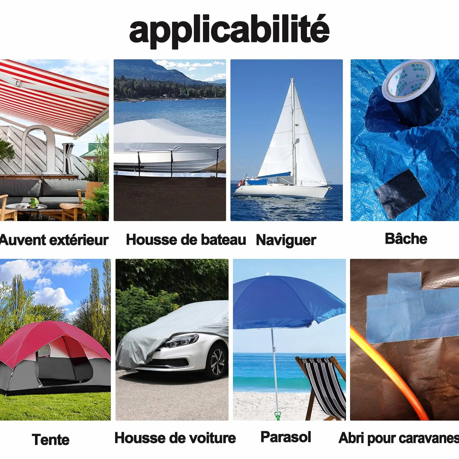 Ruban de réparation imperméable pour auvent bâche toile tente 7.6cm × 6m noir résistant UV