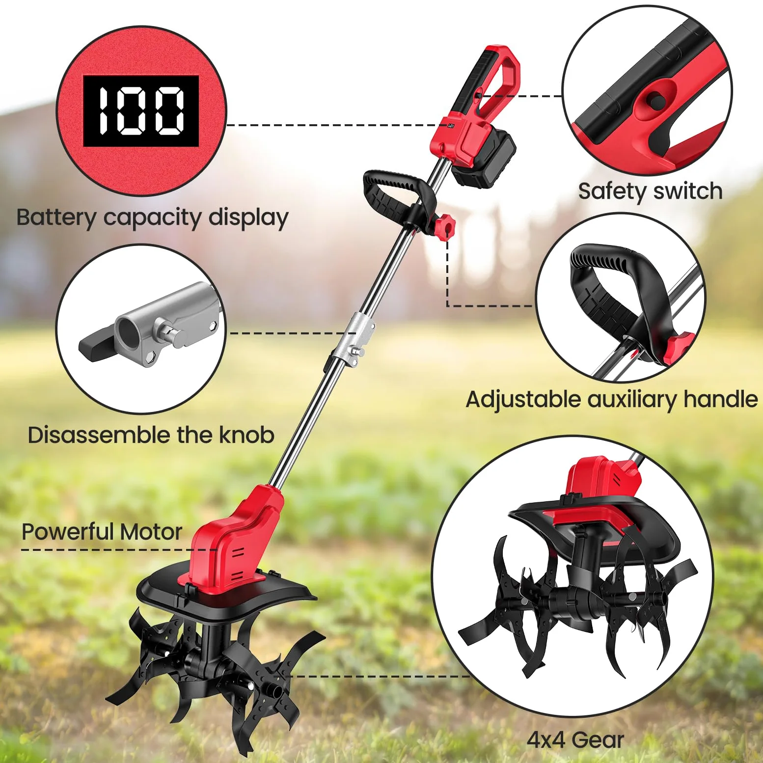Motobineuse Électrique, 21V Motoculteur Électrique sans Fil avec 2 × 4.0Ah Batterie, Trois Types de Lames, Interrupteur à Double Sécurité, 30CM Largeur et 22CM Profondeur, pour Jardinage et Cultivate