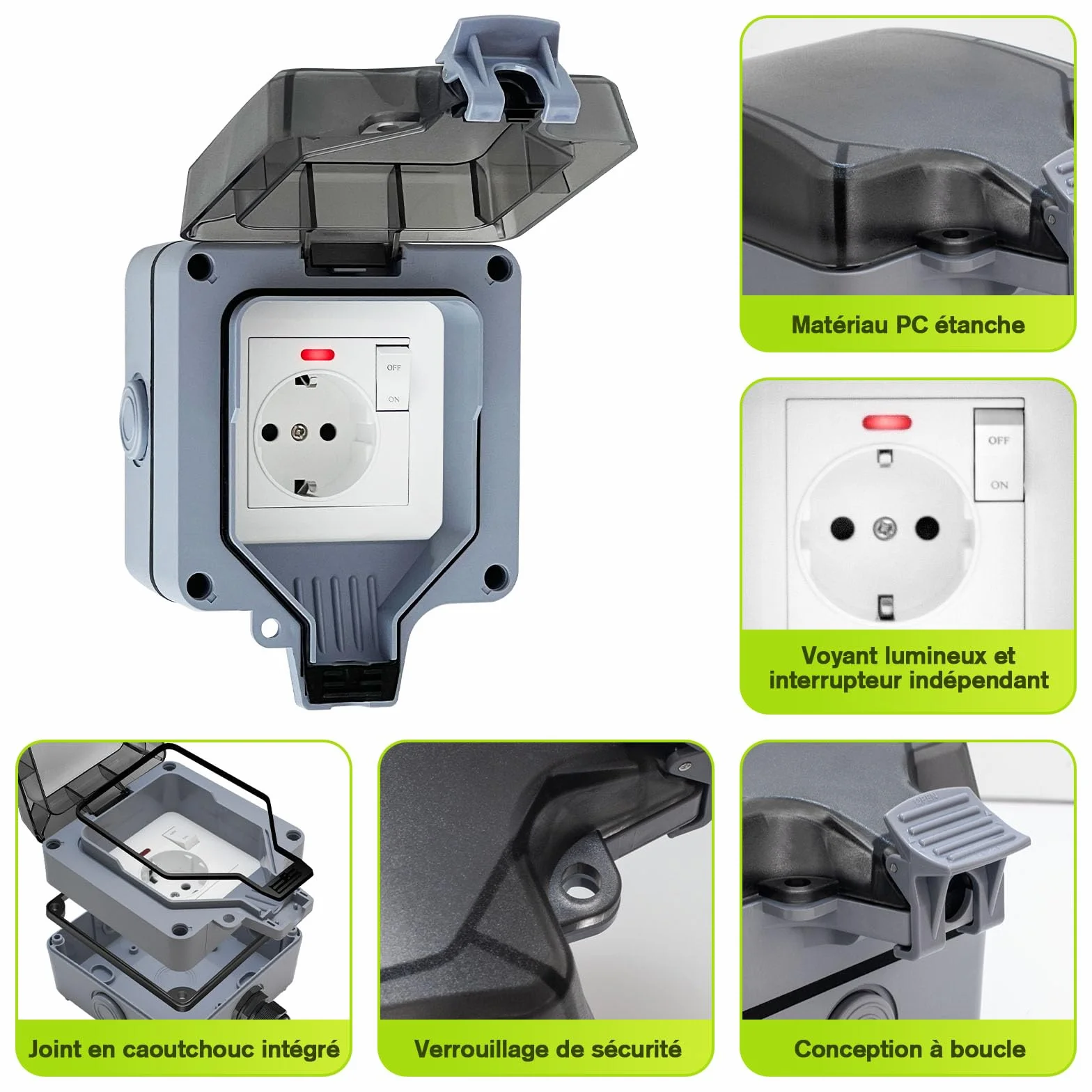 Prise Extérieure Étanche IP66 avec Interrupteur LED, Fixation Murale Gris