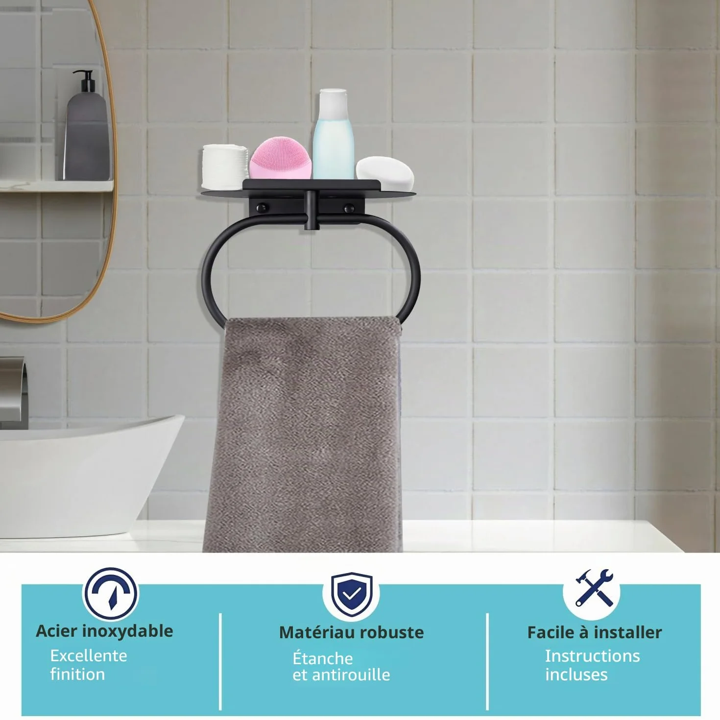 DIY ZON Anneau Porte-Serviettes Acier Inoxydable Auto-Adhésif Mural Salle de Bain Cuisine Noir