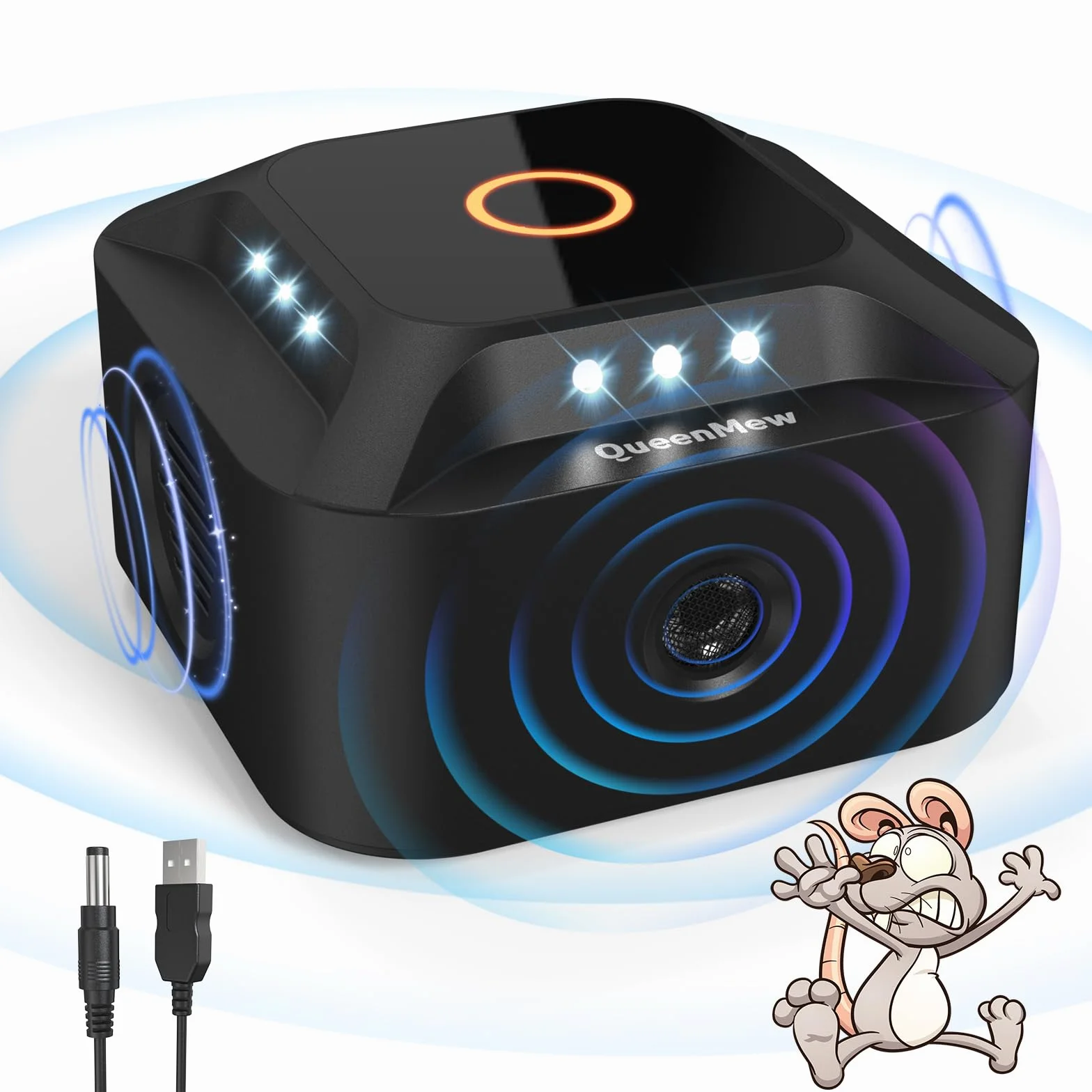 Ultrasons Souris et Rats 360°, 3 Modes Anti Souris Répulsif Souris Brancher avec 12 Lumières Stroboscopiques, 300 M² Large Portée Ultrasons Anti Rongeurs pour Souris Rat Araignée Moth Fourmi
