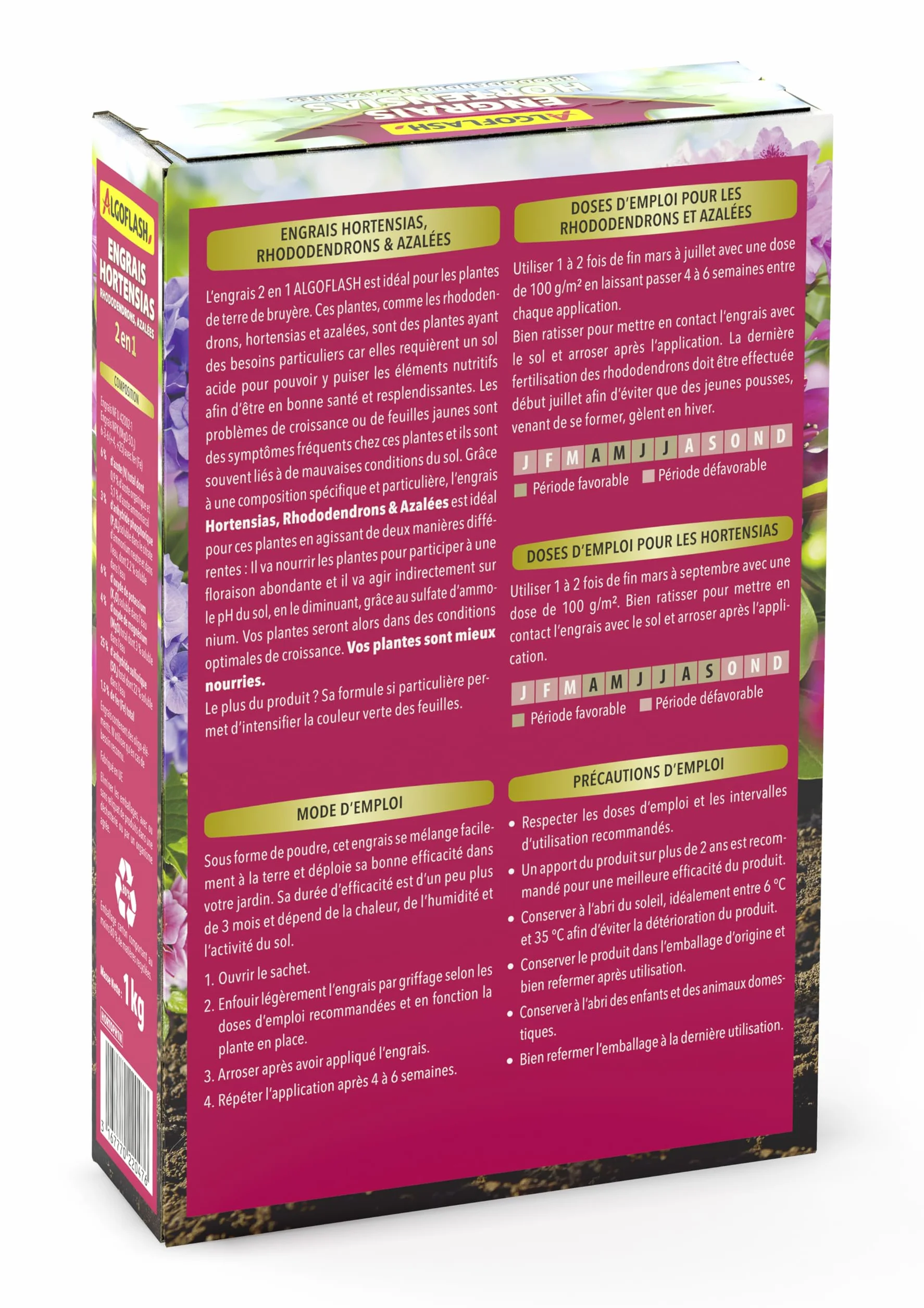 ALGOFLASH Engrais 2 en 1 pour Hortensias, Rhododendrons, Azalées Spécial pH, jusqu'à 10 Plantes, 1 kg, HORTOPH1N
