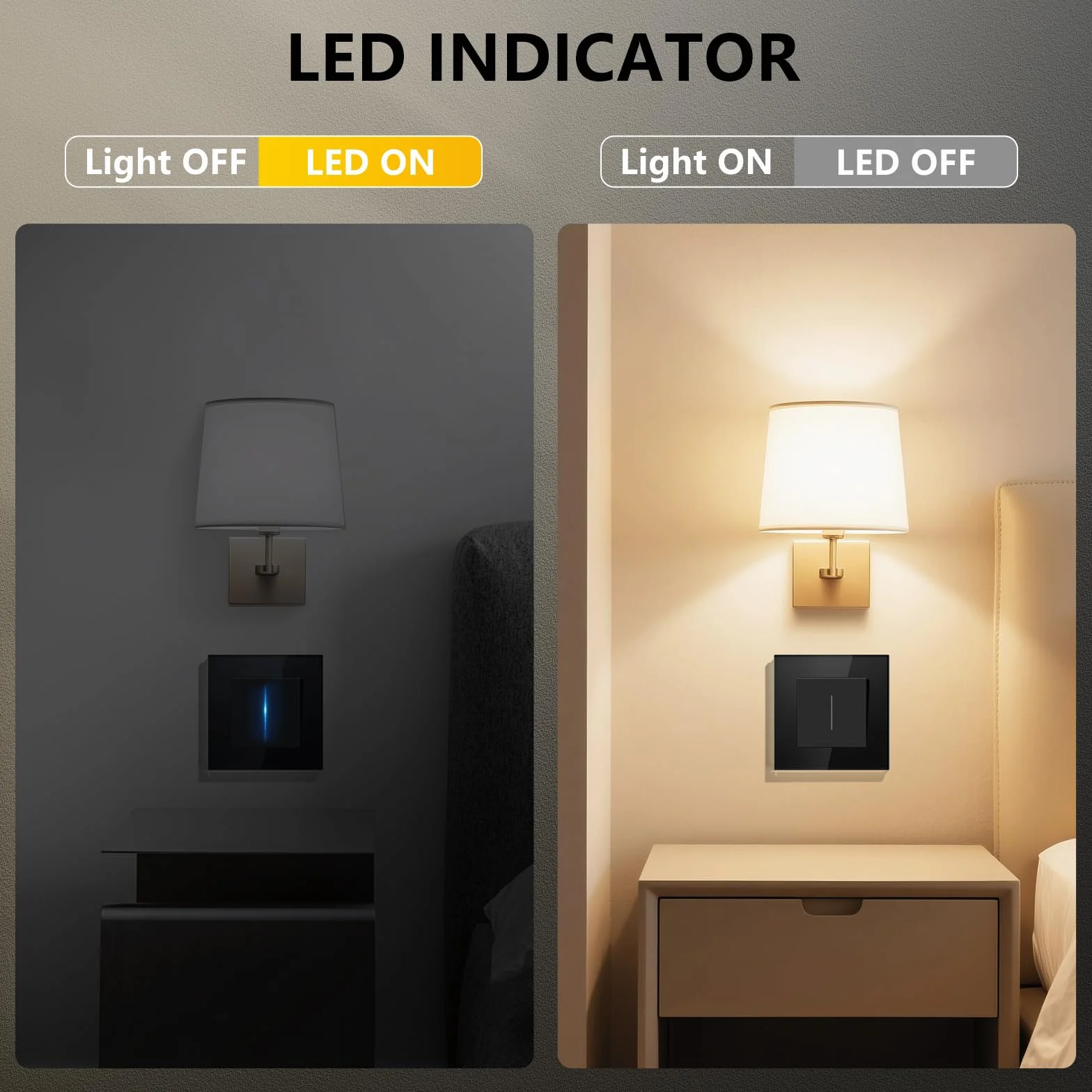 Interrupteur Mural 1 Gang 1 Voie 86x86mm Noir avec Indicateur LED Cadre Verre