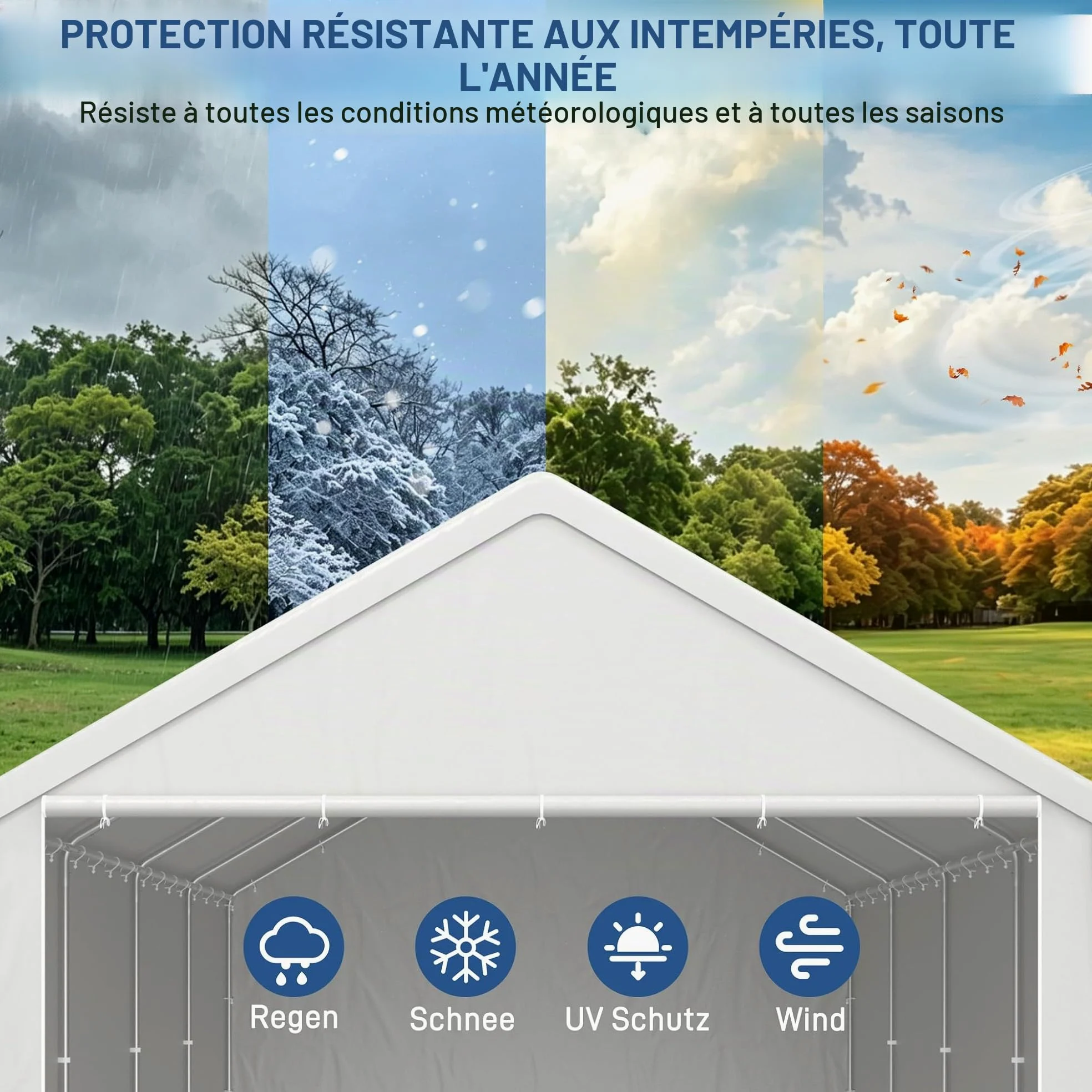 ACXIN Rideau de rangement robuste pour hangar de jardin avec cadre en acier et bâche en polyéthylène pour outils, voiture, blanc, 4 m x 6 m