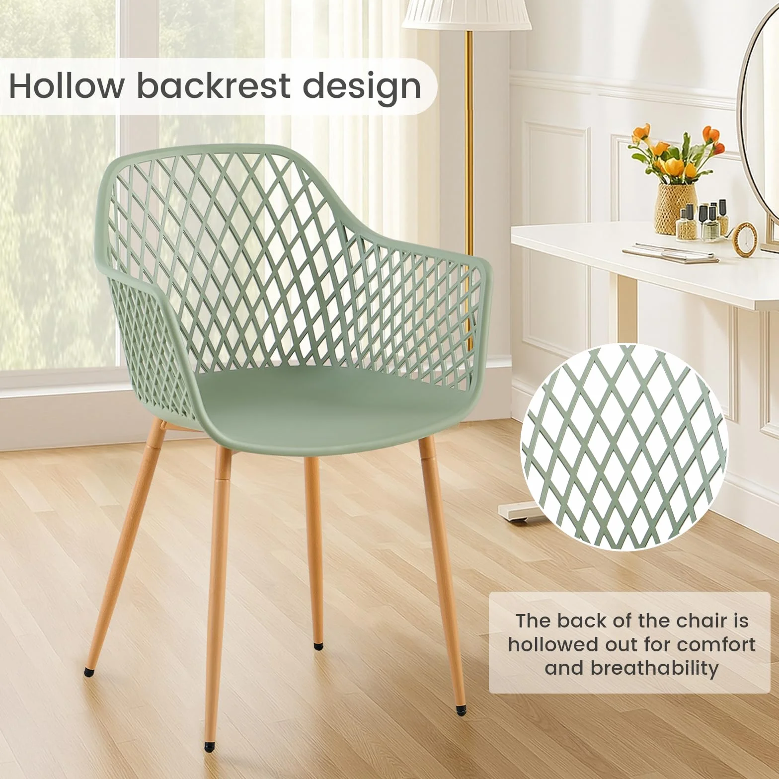 buybyroom Chaise de Jardin Exterieur Lot de 6, Chaise Plastique avec Accoudoir et Pied en Métal, Fauteuil Jardin Exterieur pour Terrasse,Balcon,Salle a Manger,Salon,Dossier à Design Ajouré,Grise-verte