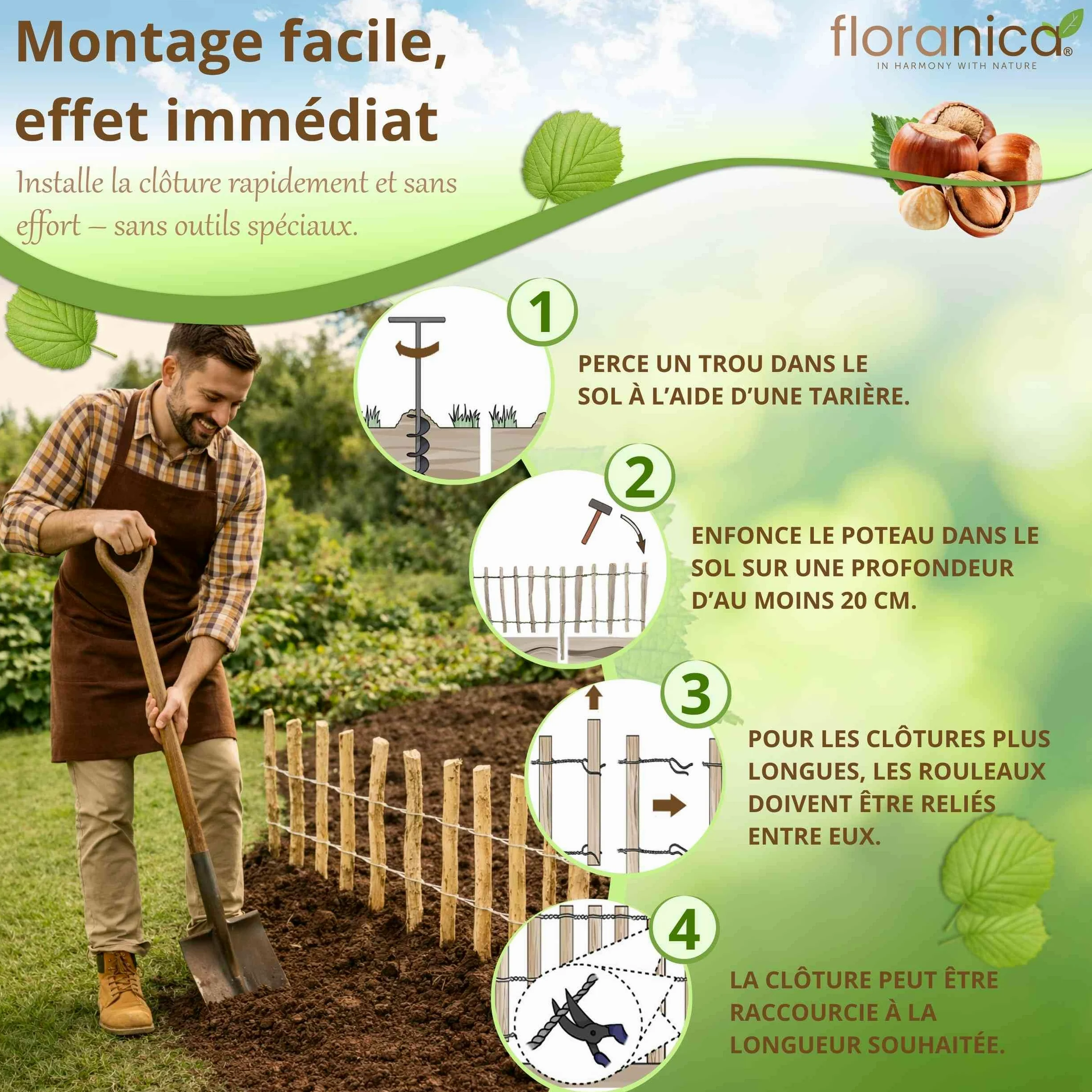 Floranica clôture en noisetier châtaignier 10 m x 50 cm de hauteur, écart entre les lattes 8-10 cm, bordure de jardin