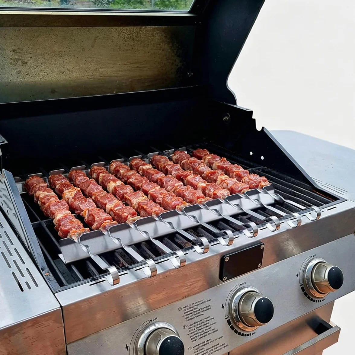 Set de 30 Brochettes Barbecue en Acier Inoxydable 40cm avec 2 Supports de Cuisson à 9 Encoches, Pique à Brochette Plate pour Grillade Jardin, Accessoire Barbecue Inox Lavable au Lave-Vaisselle