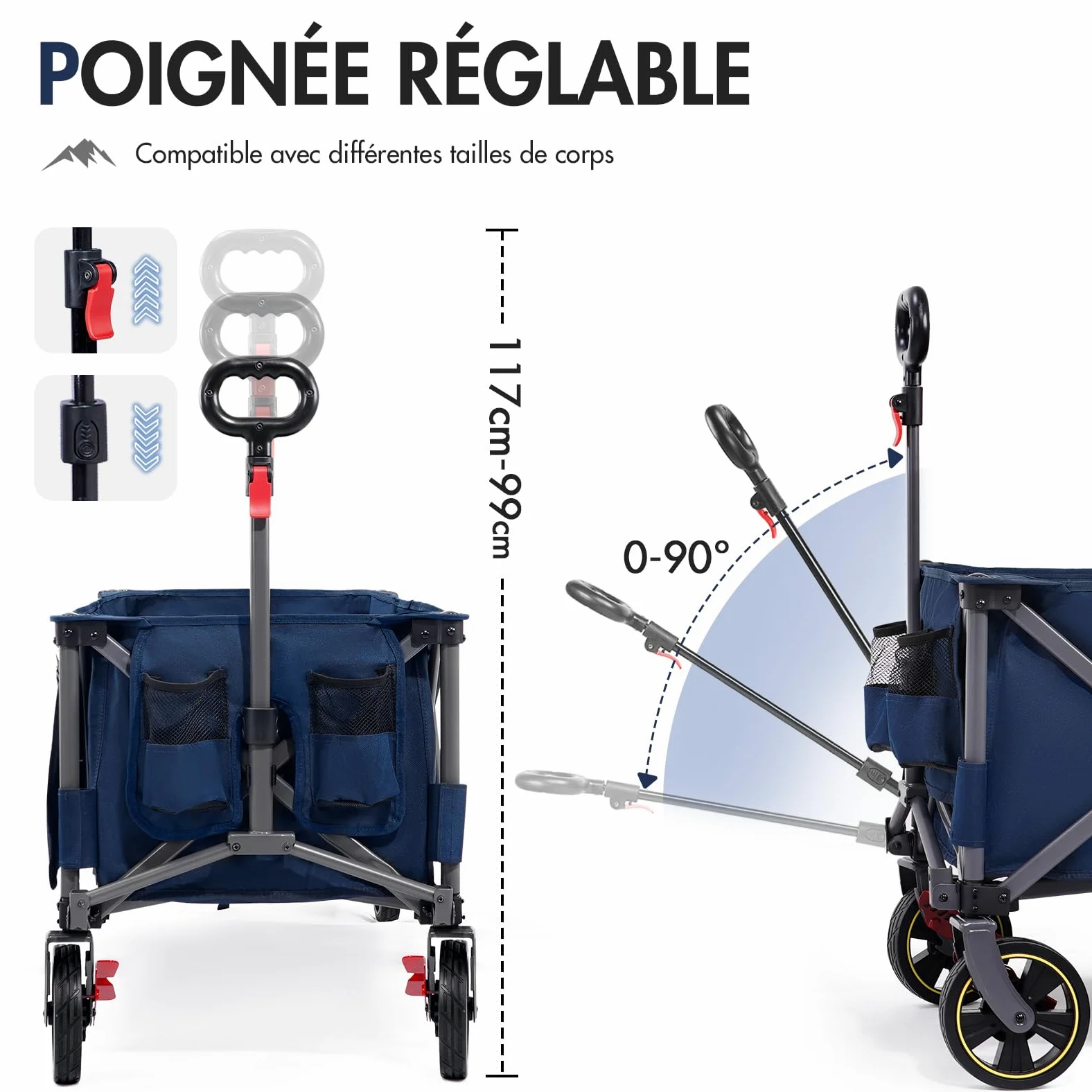 PORTAL Chariot de Plage Pliable, 400L 160KG Plage très Long Chariot à roulettes avec Filets Anti-Chute Frein Tout Terrain Poignée Réglable Charrette pour Extérieur Camping Pique-Nique