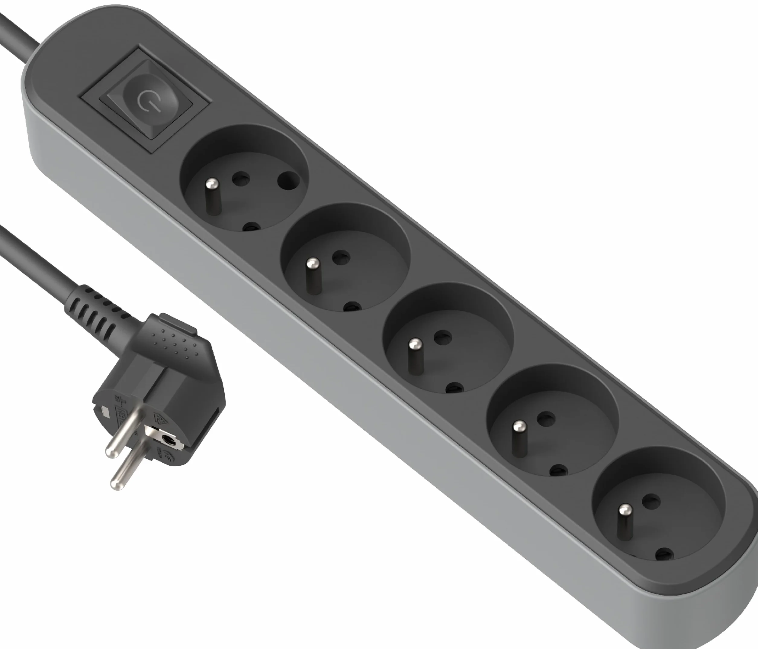 Electraline Bloc Multiprise Prima 5 Prises 16A Interrupteur 1.5 Mètres Noir Gris