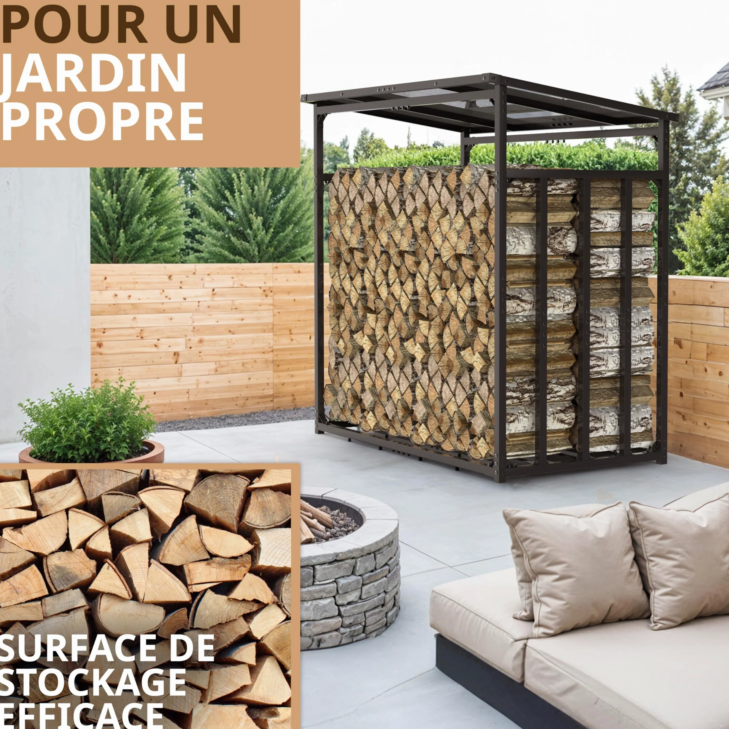 Étagère à bois de cheminée en métal extérieur, Anthracite, 185x105x185cm | galvanisée Anthracite Section 4 x 4 cm Charge maximale 3,5 t Avec toit abri bûche pour bois de chauffage Range buche