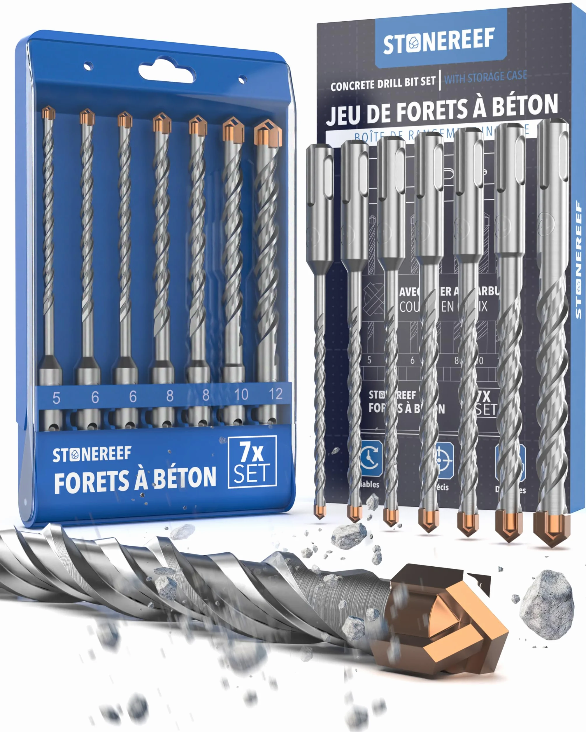 STONE REEF Lot de 7 forets SDS Plus professionnels pour béton - 4-12 mm x 156 mm