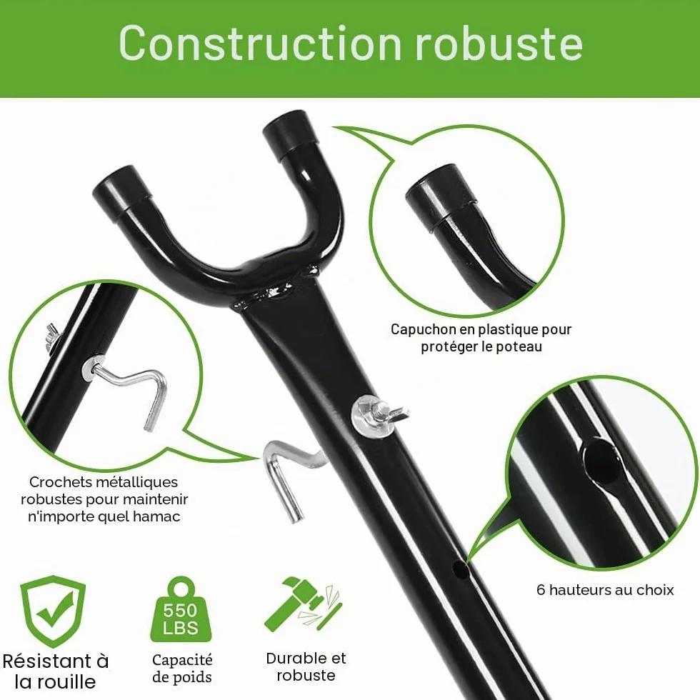 Goutime Support de hamac Portable avec Sac de Transport,Convient aux hamacs de 2,6 m de Long,capacité de 250kg,Support hamac（Noir）