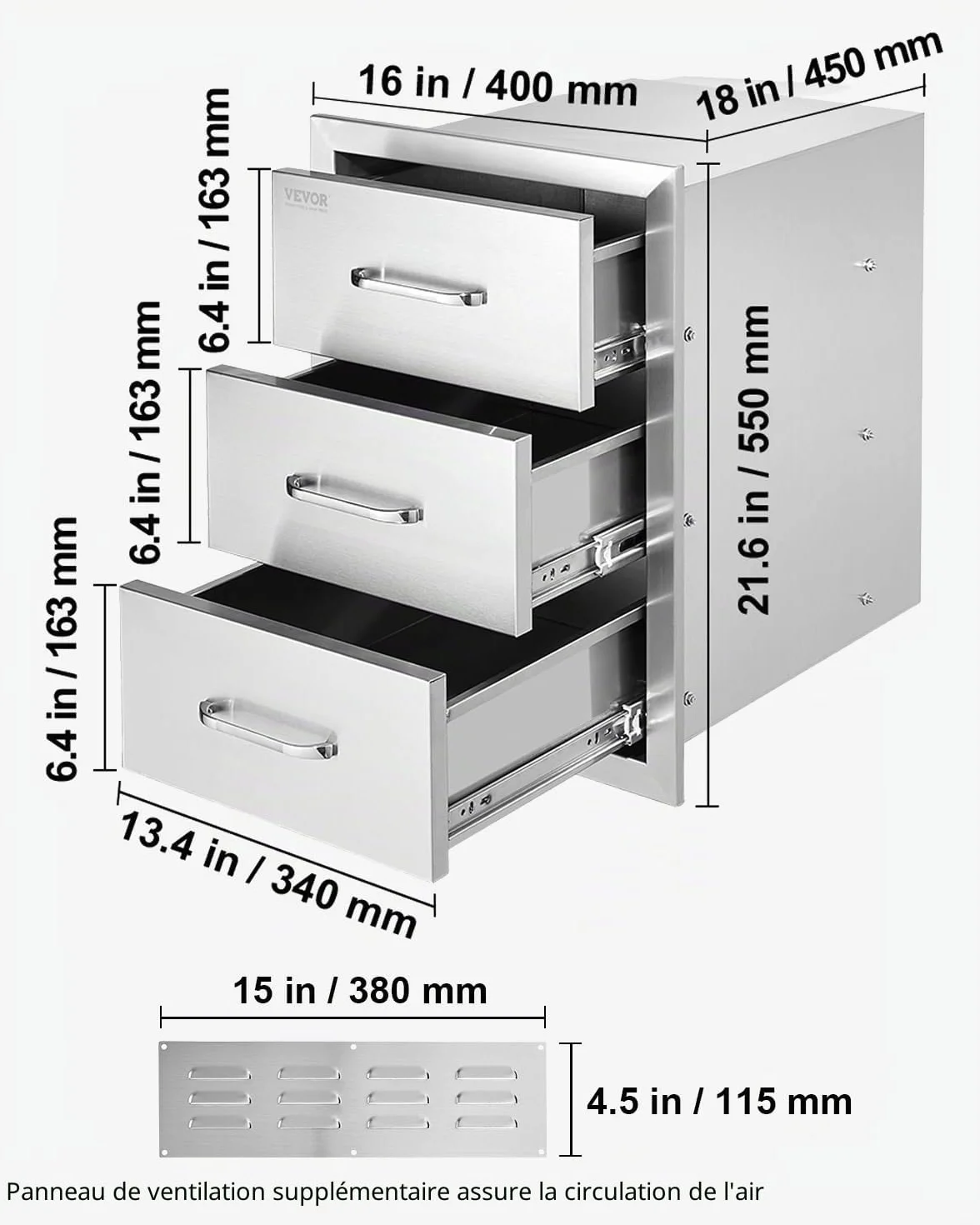 VEVOR Tiroirs de cuisine d'extérieur 40,6 x 54,6 x 45,7 cm (l x H x P) – Tiroirs de barbecue encastrés à triple accès avec poignée en acier inoxydable, îlot de barbecue pour cuisine extérieure ou îlot