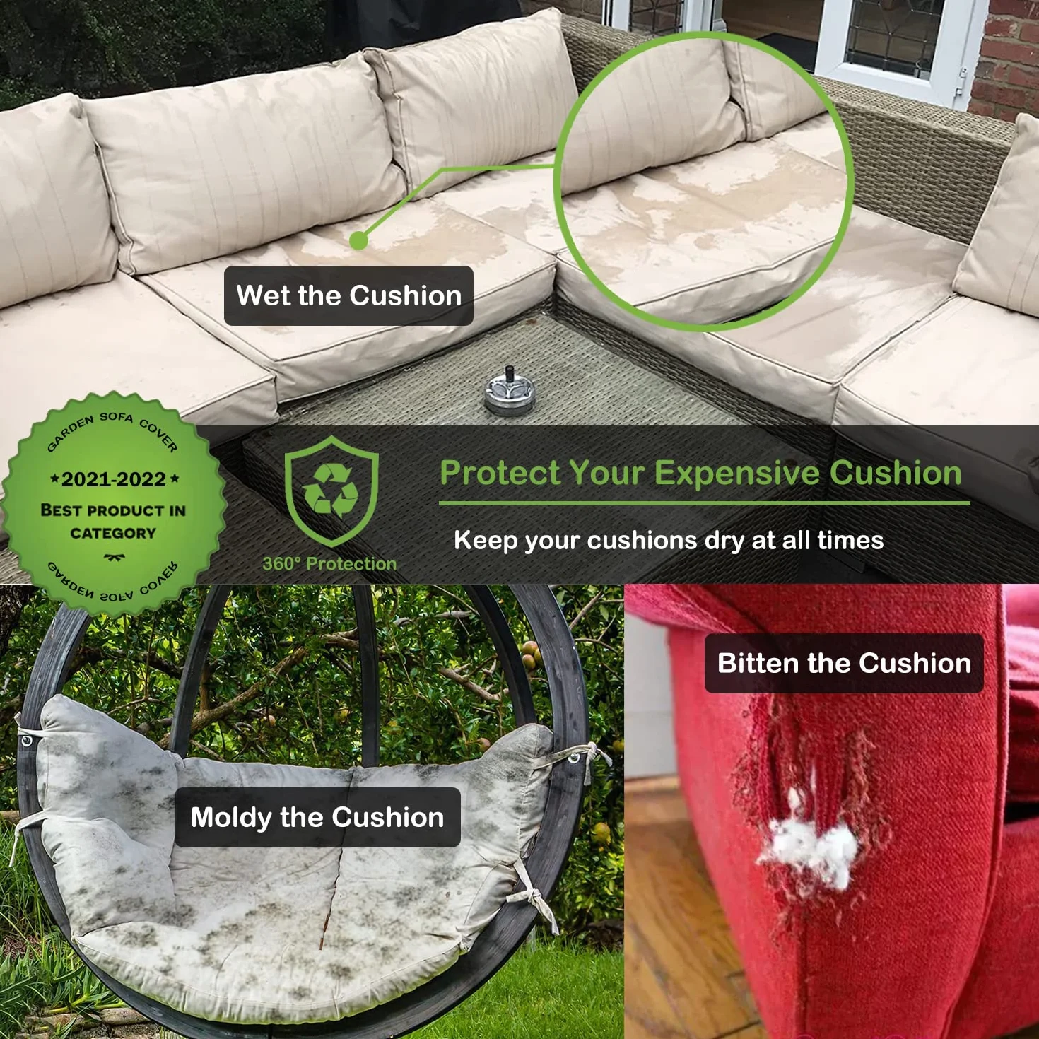 Enzeno Sac de rangement coussins meubles jardin tissu Oxford 420D anti-UV poignée transport fermeture éclair