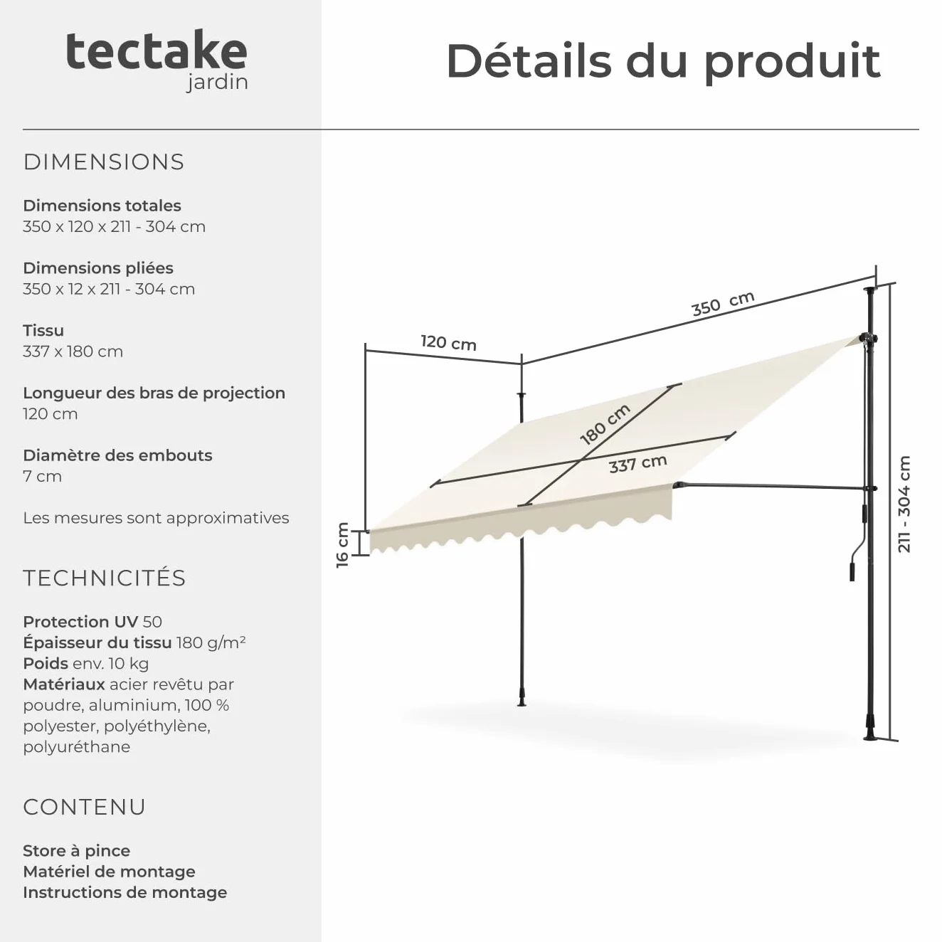 Store banne sans Perçage Auvent Marquise Retractable avec Manivelle Aluminium Beige 350 x 180 cm