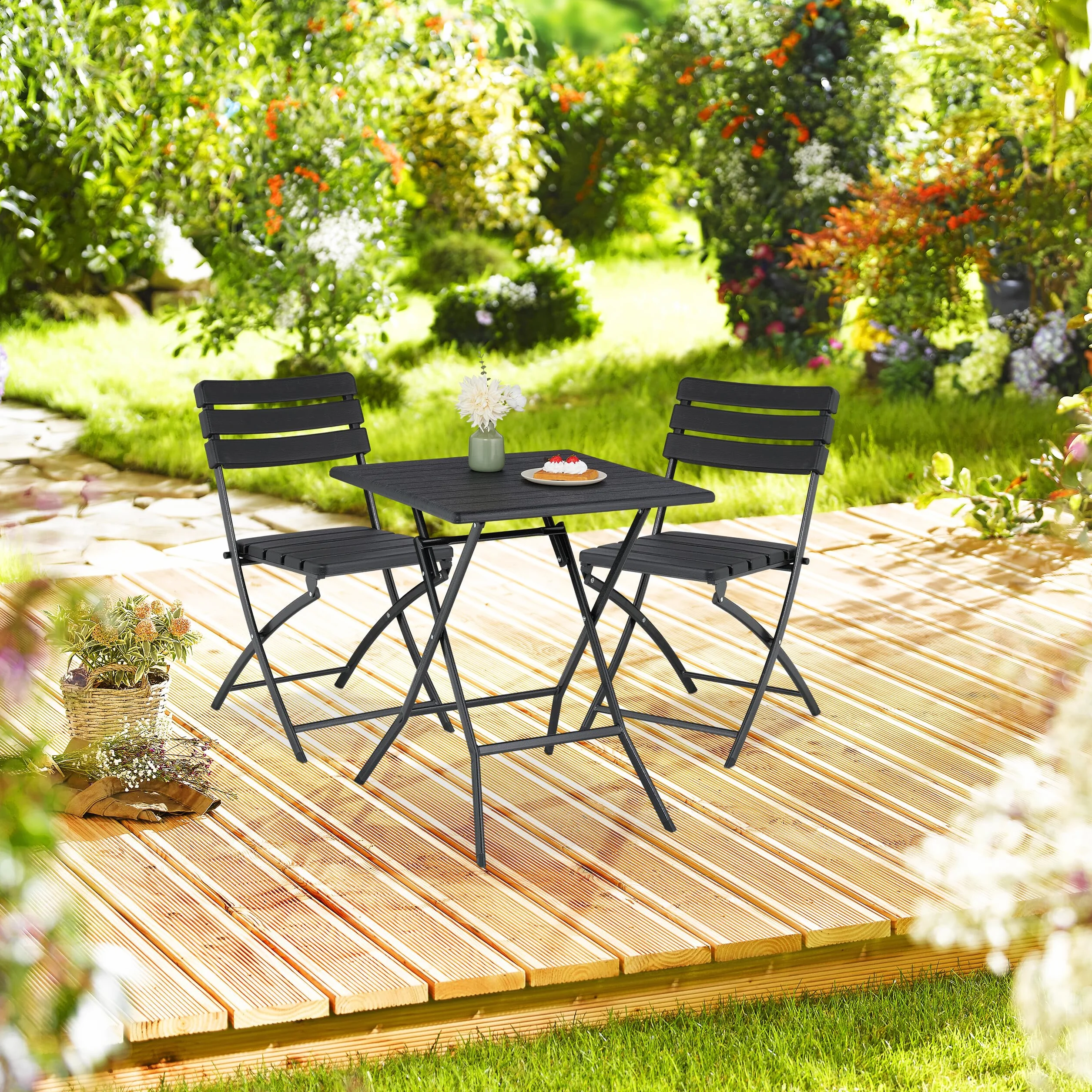 Relaxdays Table Pliante et 2 chaises pour Balcon, Aspect Bois, Acier et Plastique, Meubles terrasse, Noires