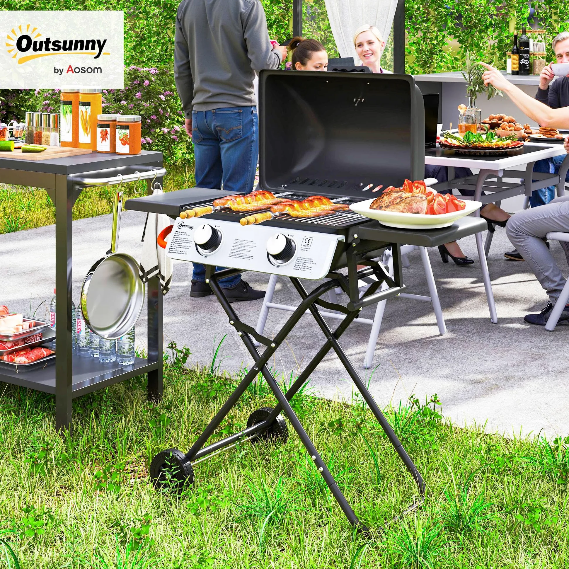 Outsunny Barbecue Gaz Transportable Pliable, 2 Brûleurs 5,6 kW, Barbecue Gaz de Camping avec Grille de Cuisson, Étagères Latérales, Couvercle, Thermomètre et Roues, pour Camping Jardin Balcon, Noir