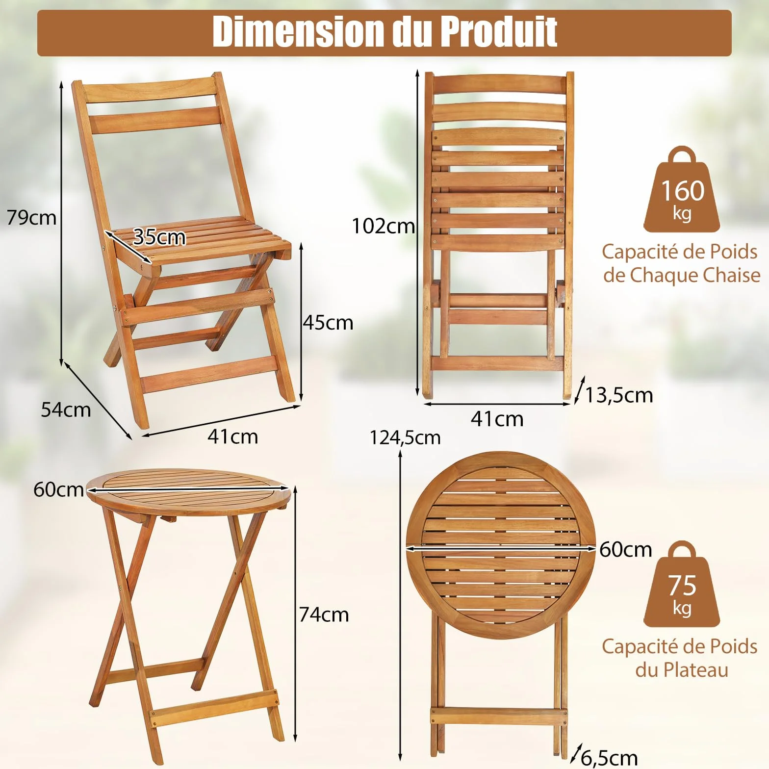 Giantex Table de Jardin Exterieur avec Chaise, 1 Table Ronde et 2 Chaises Bois d'Acacia avec Dossiers, Ensemble Meuble Extérieur, Salon de Jardin 2 Personnes, Table et Chasie Pliantes pour Balcon