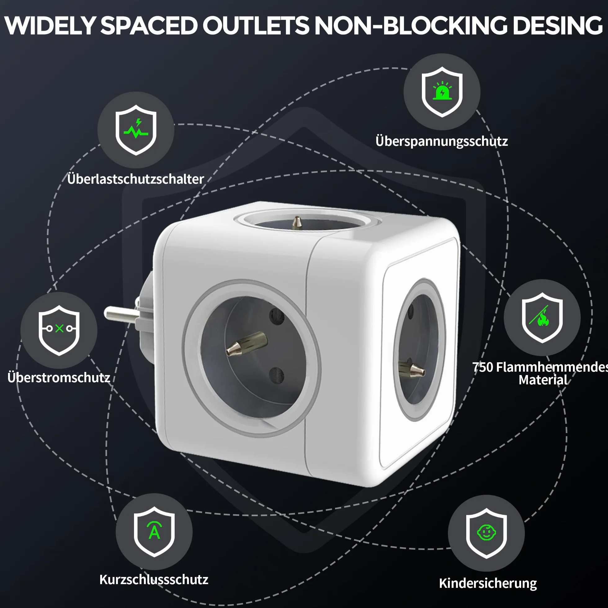 Prise cubique 5 en 1, multiprise murale 3680W, 5 prises frontales avec terre, adaptateur cube gris