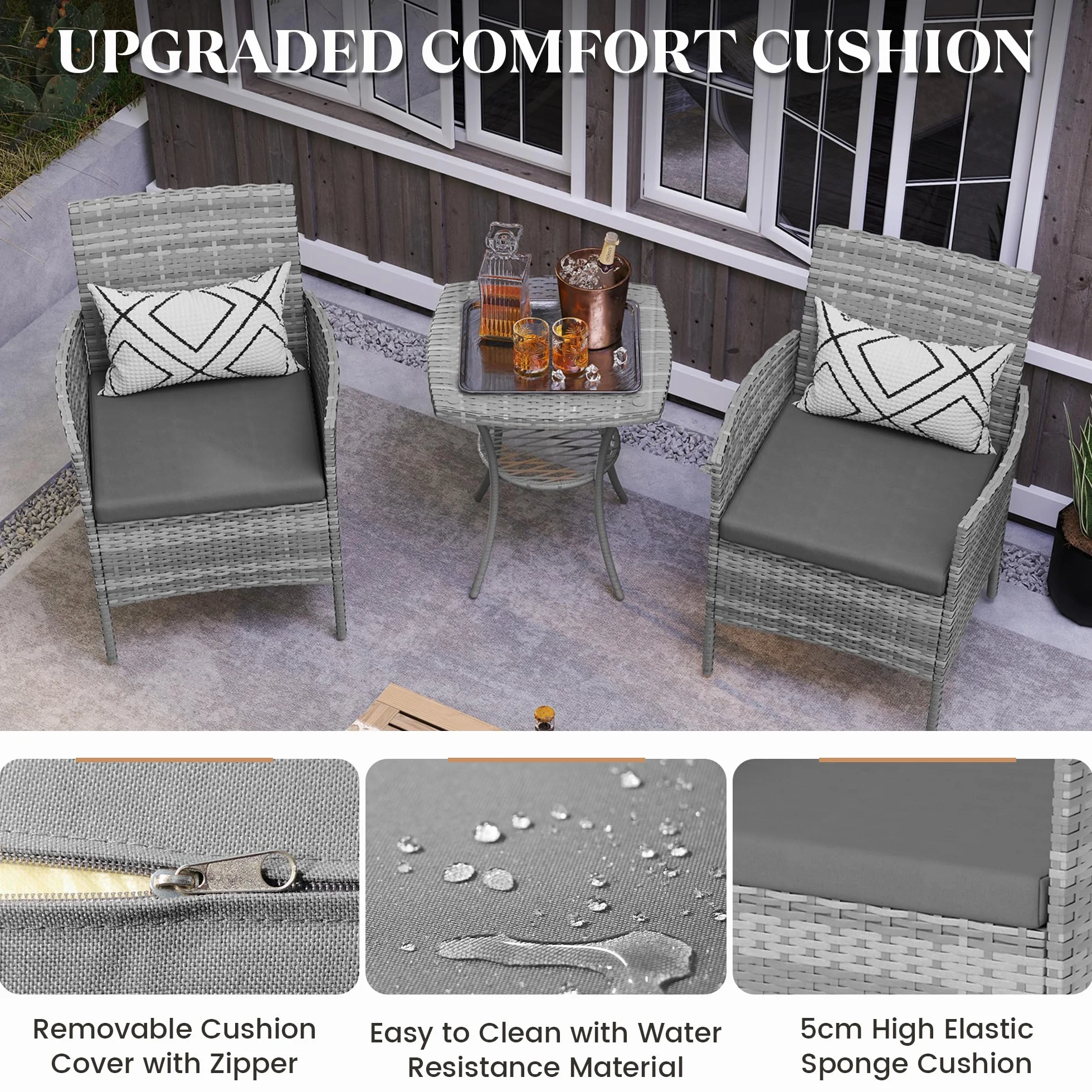 Amopatio Ensemble de meubles de jardin en rotin 3 pièces - Petit salon de jardin extérieur résistant aux intempéries - Table de bistrot avec 2 chaises - Meubles de terrasse pour terrasse, balcon, Gris