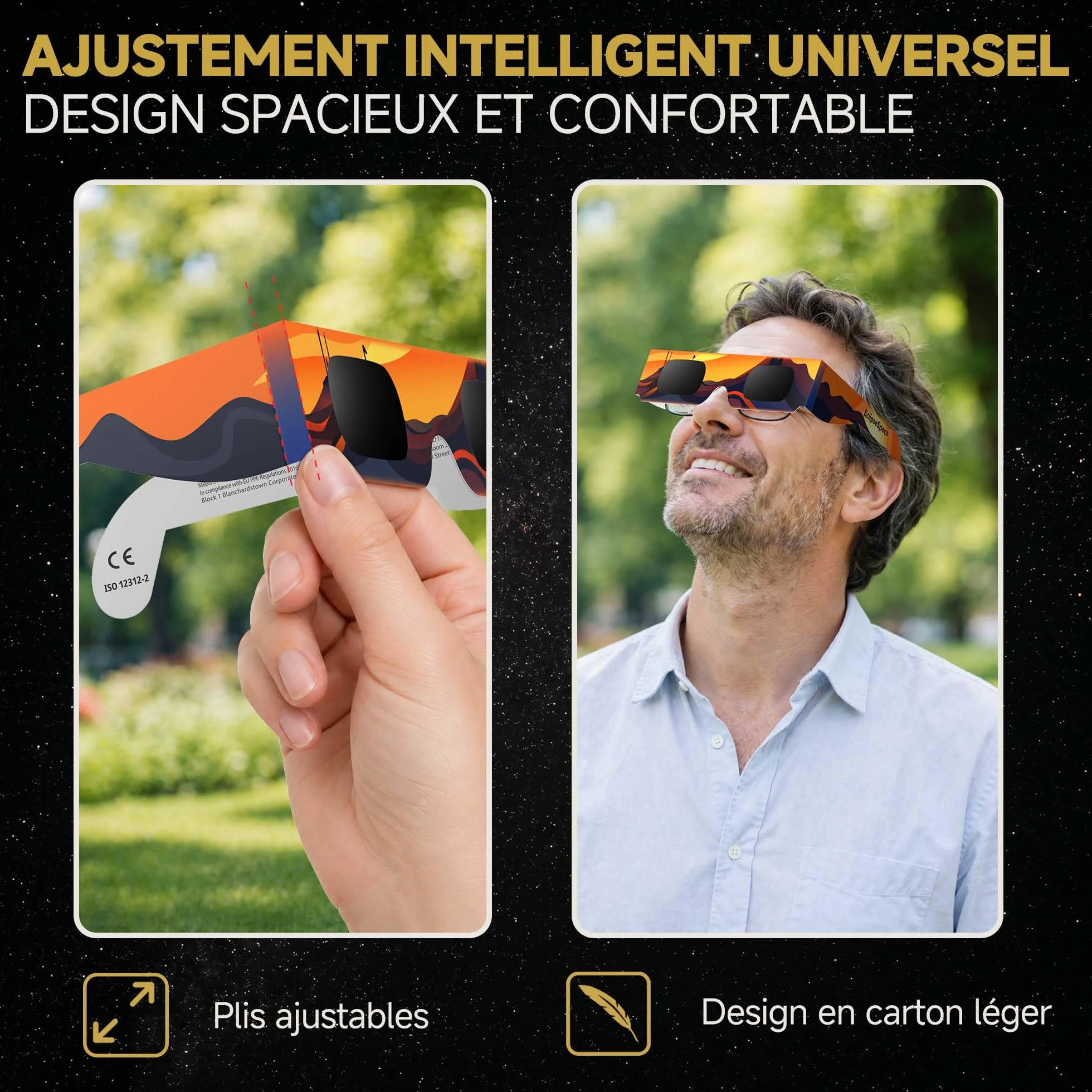 Lunette éclipse solaire [Lot de 3] - Homologuées ISO 12312-2 CE - Observation directe éclipse 2026