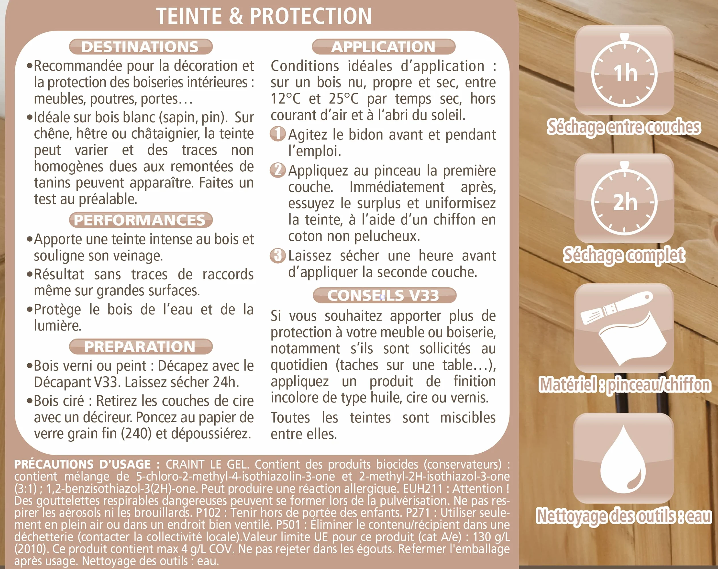 V33 Teinte & protection meubles boiseries Chêne clair 0,5L