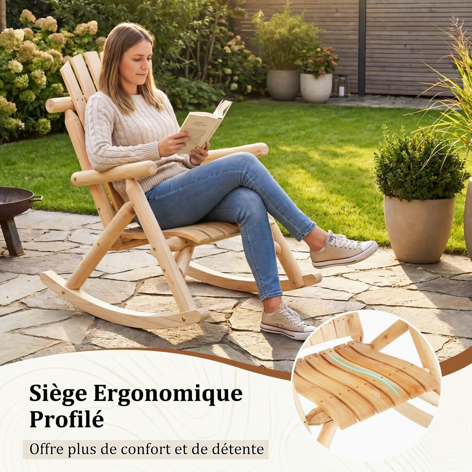 COSTWAY Fauteuil à Bascule Adirondack Exterieur Interieur, Rocking Chair en Bois Massif, Siège Incurvé, Haut Dossier Éventail, Chaise pour Jardin Terrasse Balcon, Charge 150 kg, 99 x 68 x 99 cm