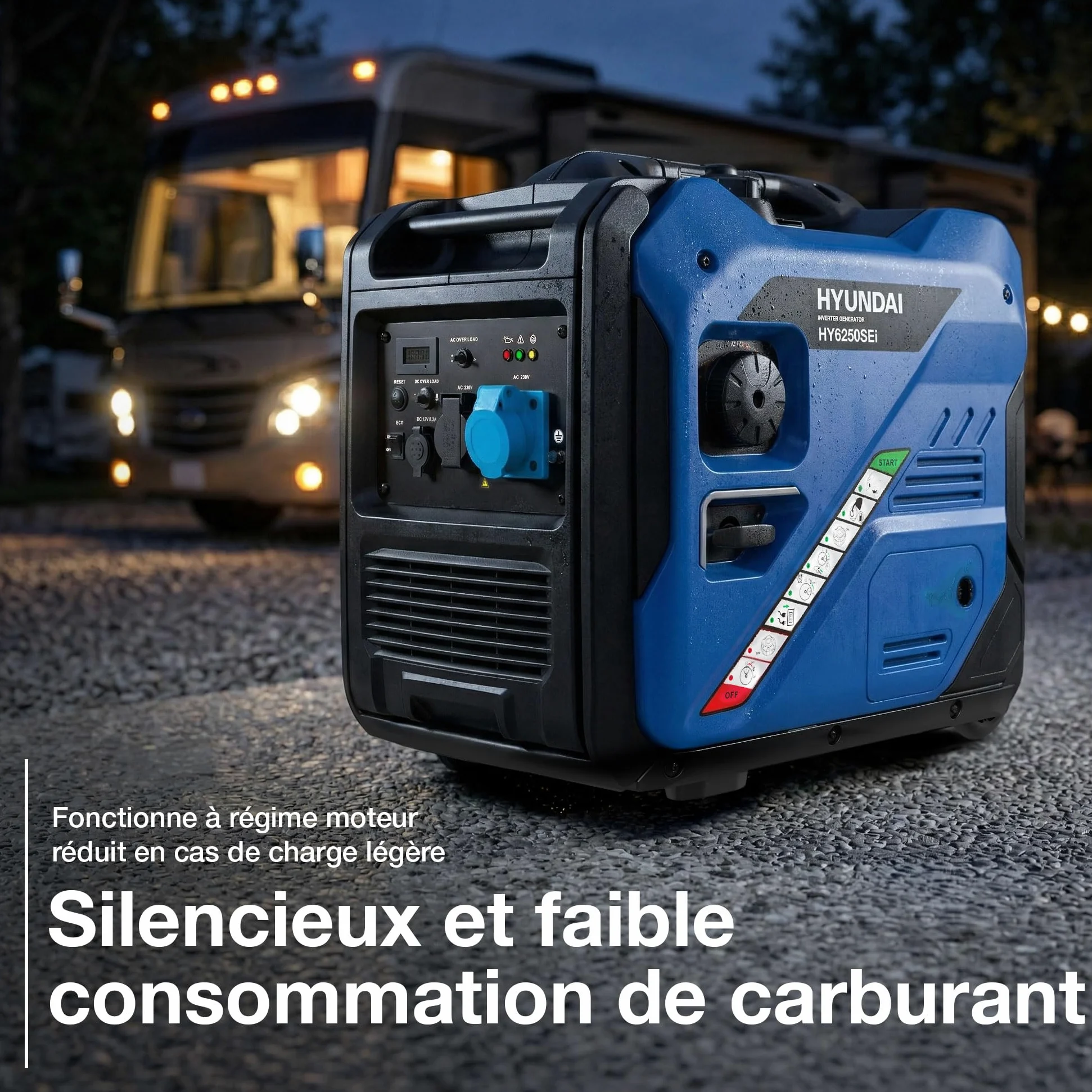 Hyundai Groupe Électrogène Inverter 5500 W / 5 kW Continu, Démarrage Électrique, Essence, Onde Sinusoïdale Pure, Réservoir 11 L, Garantie 3 Ans - HY6250SEi-EU