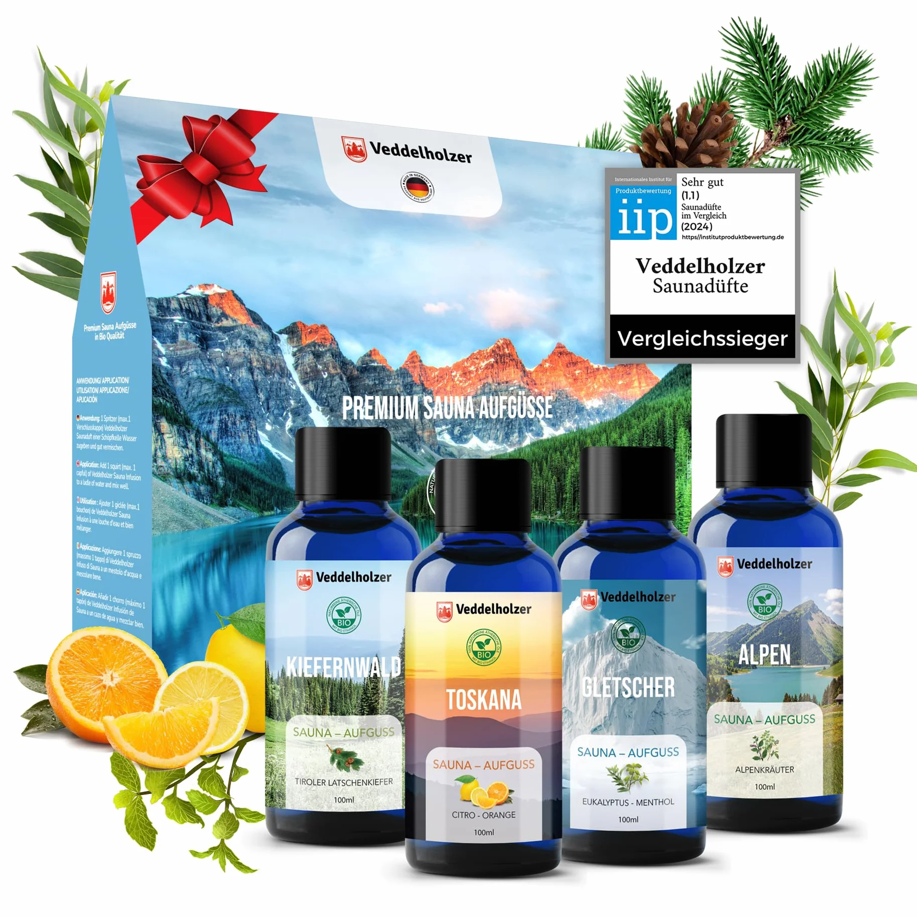 Veddelholzer Ensemble de sauna bio huiles essentielles pures 4 x 100 ml set