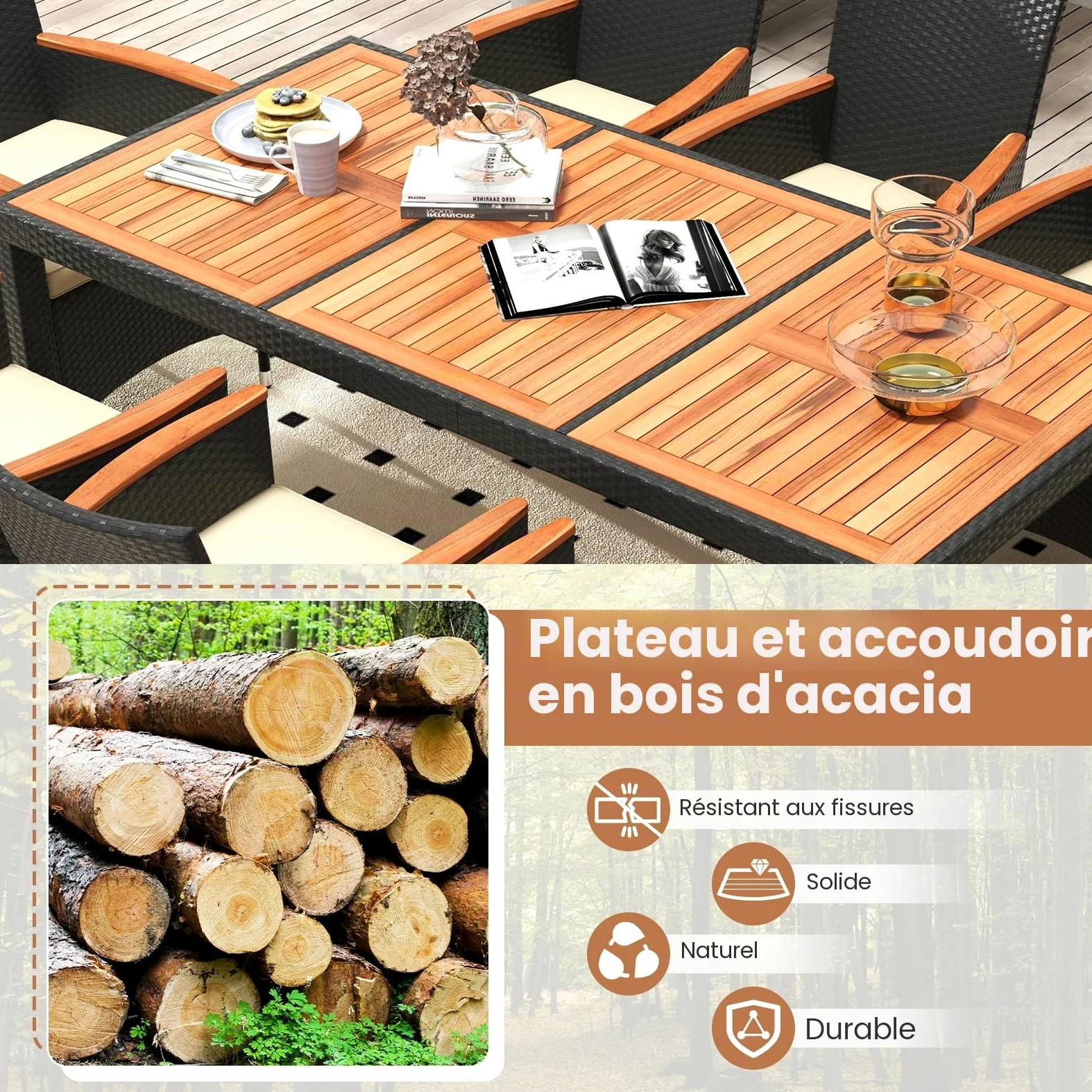 GIANTEX Salon de Jardin 8 Personnes en Rotin et Bois d'Acacia, Table de Jardin Extérieure avec 8 Chaises, Coussins, Trou de Parasol, Pieds Réglables, pour Cour, Pique-Nique, Noir