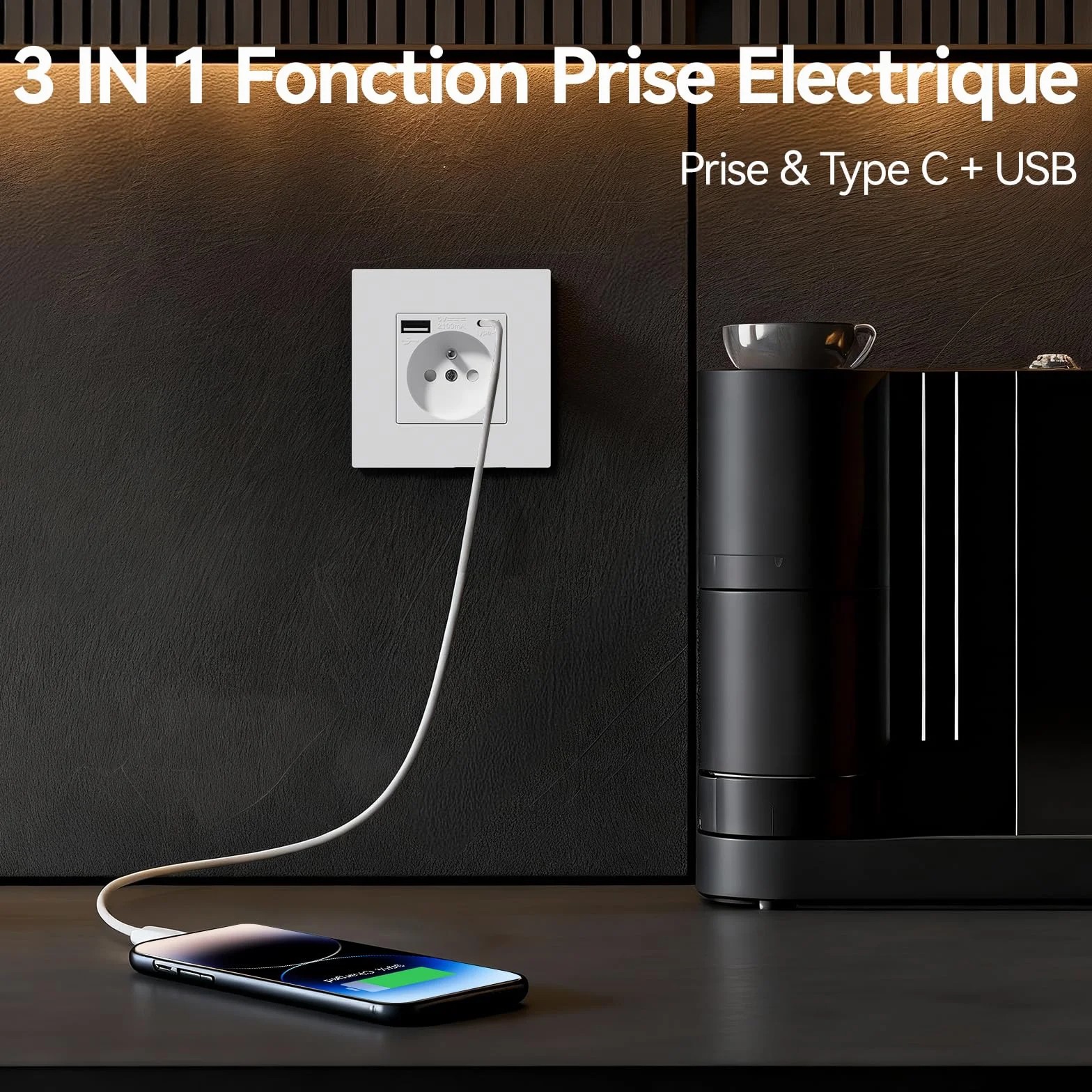 BSEED Prise Electrique USB Type C Murale Panneau Plastique 16A 240V 86mm Blanc