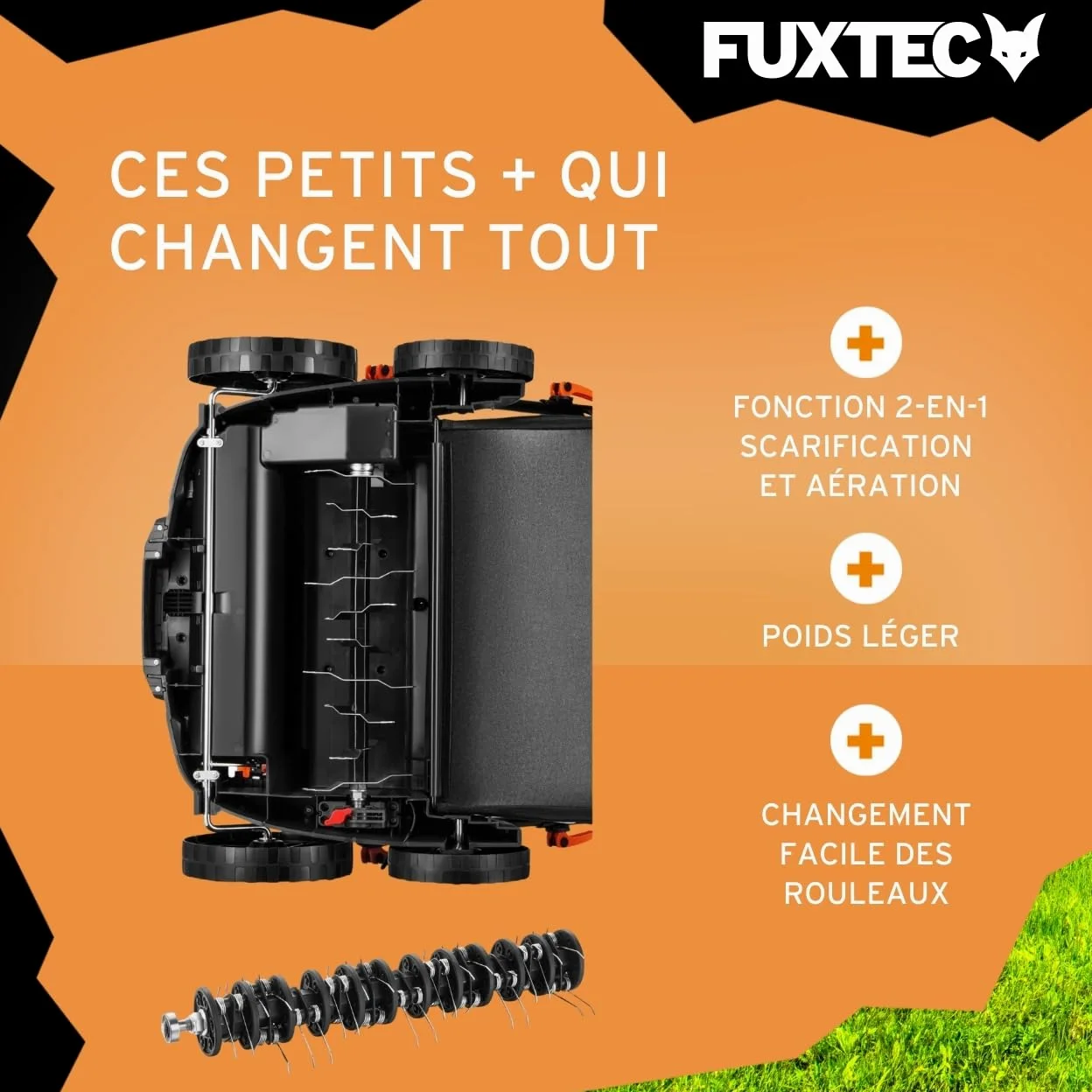 FUXTEC Scarificateur électrique FX-EV360, aérateur de gazon avec 1500 watts de puissance, largeur de travail 36 cm et réglage de la profondeur sur 5 niveaux, bac de ramassage 45 L