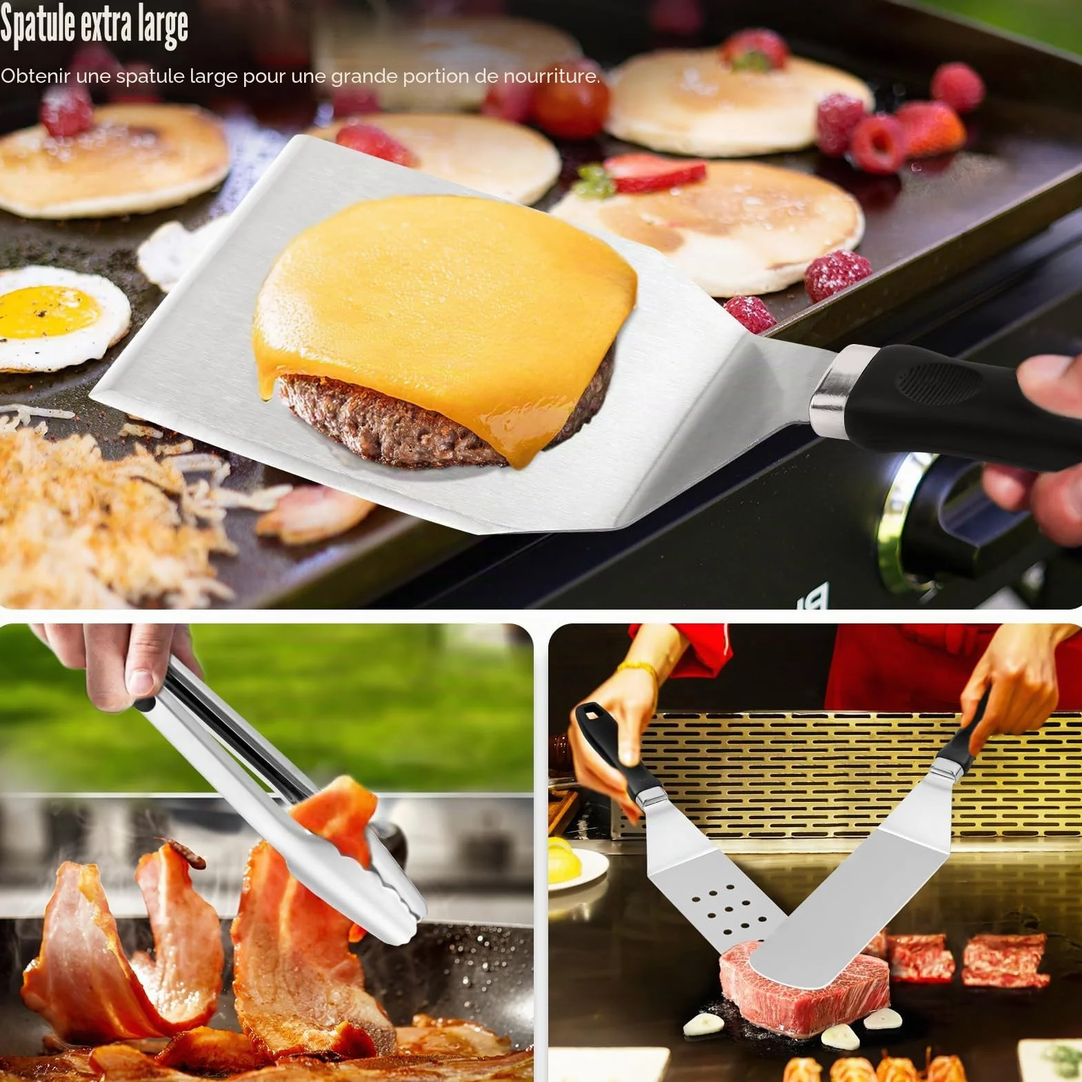 Grilliance 27PCS Spatule Plancha Accessoires INOX, Teppanyaki Grill Set d'ustensiles de Barbecue avec Presse à Hamburger et Cloche Cuisson