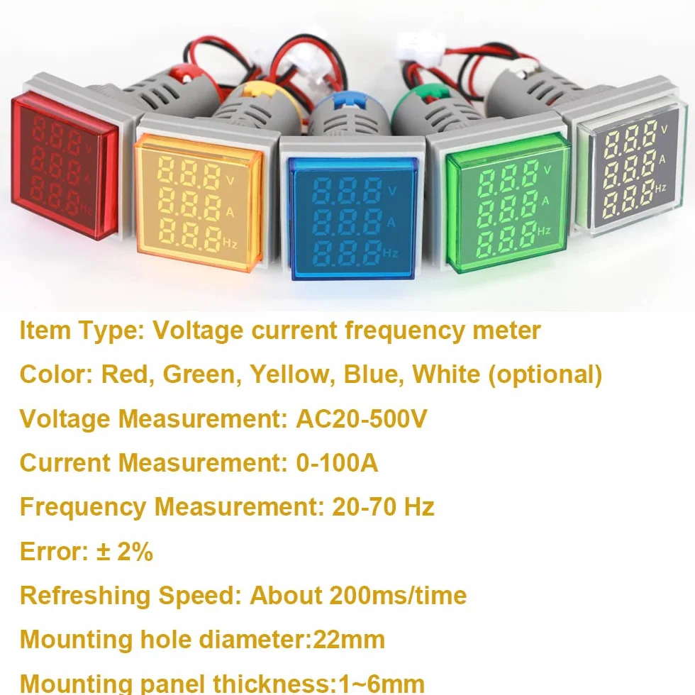 Testeur de Tension Courant Alternatif Multimètre Panneau AC 50-500V 0-100A 0-99 Hz LED 22mm