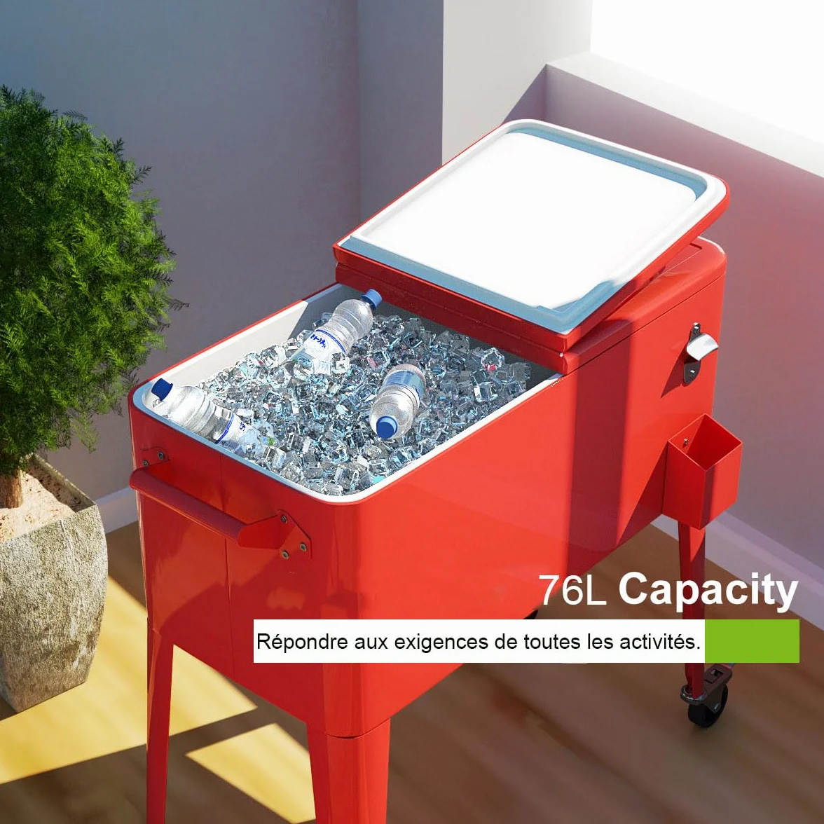 GOPLUS Chariot de Glacière 76 L sur roulettes, Desserte Jardin 4 Roulettes, pour Terrasse, Pique-Nique, 91x48x87cm Rouge